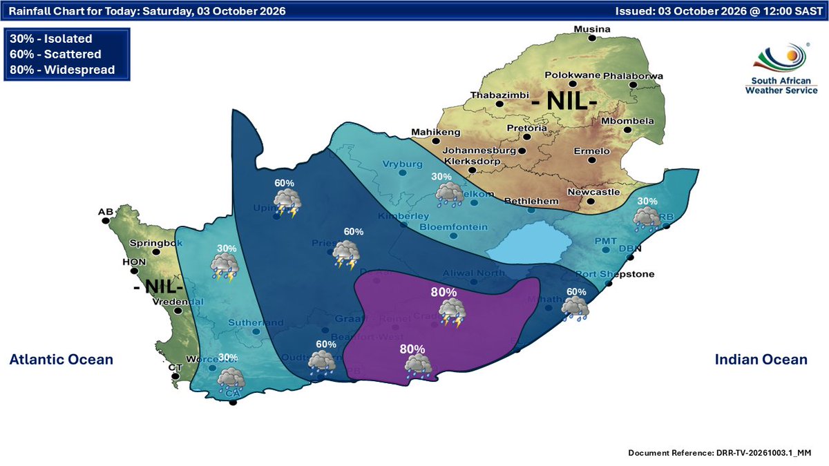 SAWeatherServic's tweet photo. Weather forecast for today and tomorrow: 03 - 04 October 2026. Partly cloudy and warm conditions are expected, with isolated to scattered showers and thunderstorms possible over the central and eastern parts of the RSA. It will be cool in places in the southern parts of the RSA. https://t.co/eSuMky1xtH