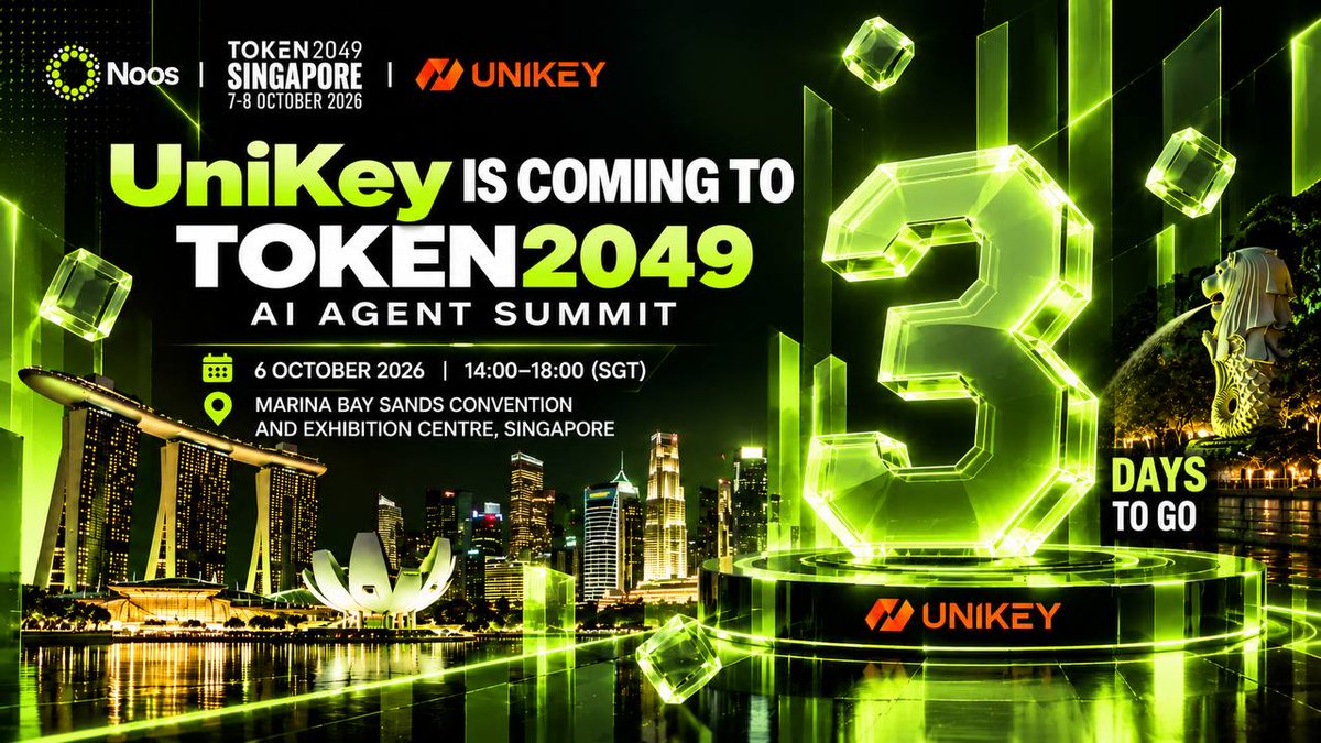 UniKey_EN's tweet photo. 🚀 3️⃣ Days to Go｜UniKey × AI Agent Summit — See You in Singapore

🐳AI Agents are moving beyond technical exploration toward real-world execution and collaboration. In 3 days, UniKey will join TOKEN2049 Singapore to connect with global builders and industry partners, exploring new possibilities for intelligent workflows and AI × Web3 value networks.

⏰Oct 6, 2026｜14:00–18:00 (SGT)
🚩Marina Bay Sands, Singapore

🎈From Agents to the intelligent economy, the next phase of exploration begins in Singapore.

🔗 Event Details: https://t.co/RaFQNbLo3M