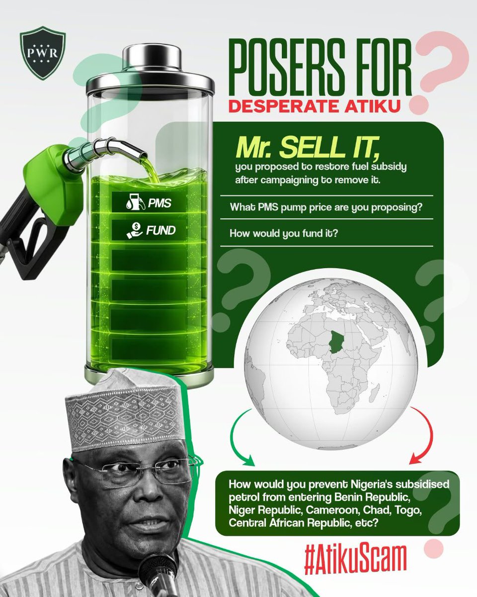 Simplicity_Temi's tweet photo. @atiku please come out! We Nigerians deserves an answer.
How would you prevent Nigeria's subsidised petrol from entering Benin Republic, Niger Republic, Cameroon, Chad, Togo, Central African Republic, etc?
#AtikuScam https://t.co/AaqTei1eEF