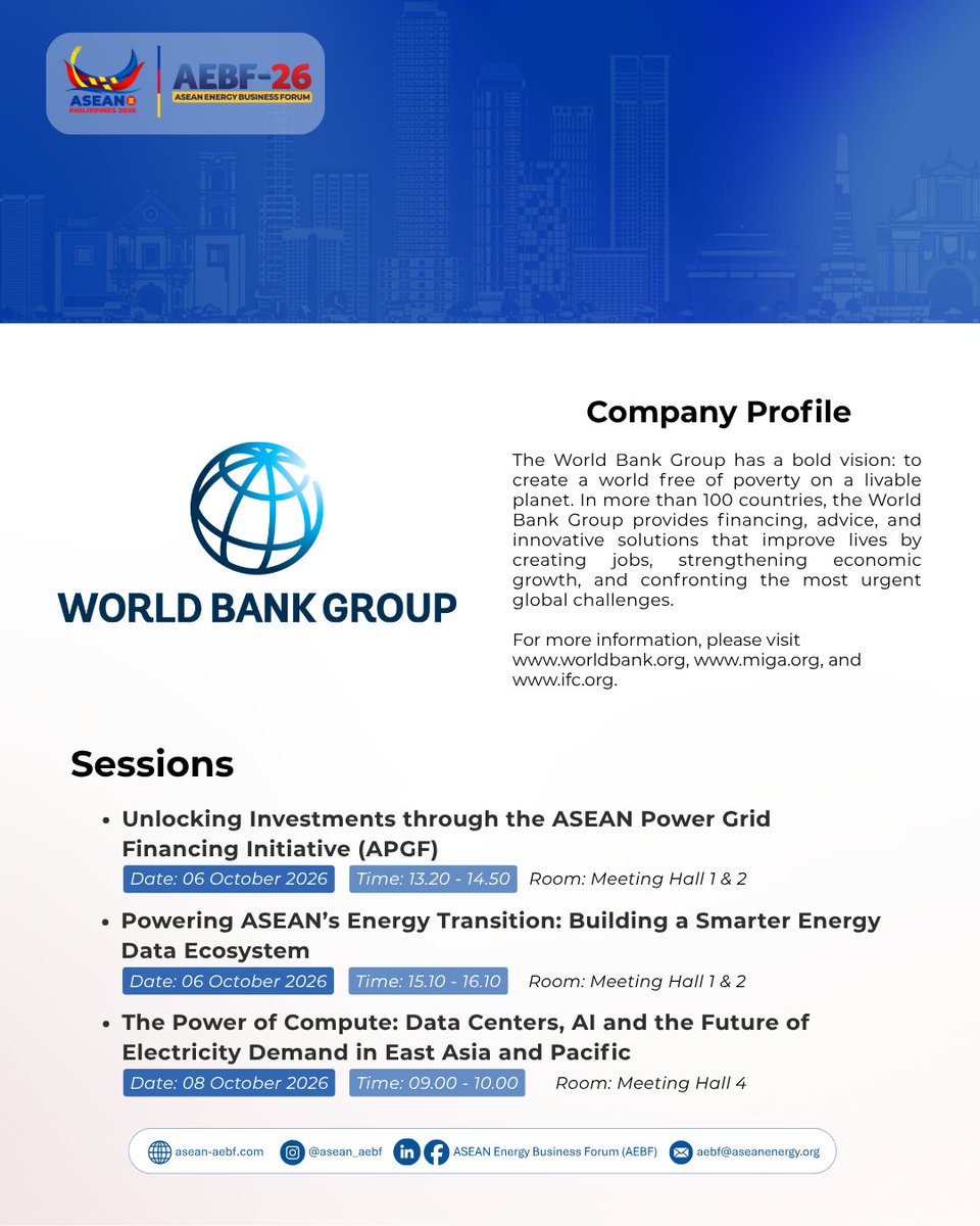 asean_aebf's tweet photo. 🤝 WORLD BANK IS OUR STRATEGIC PARTNER FOR #AEBF26 ! 

With a vision to build a world free of poverty on a livable planet, the World Bank Group brings global financing, advice, and innovation to AEBF-26. 

 📌Book Your AEBF-26 Ticket:
https://t.co/WCIk09JuF1 https://t.co/O5PAcNCSkC