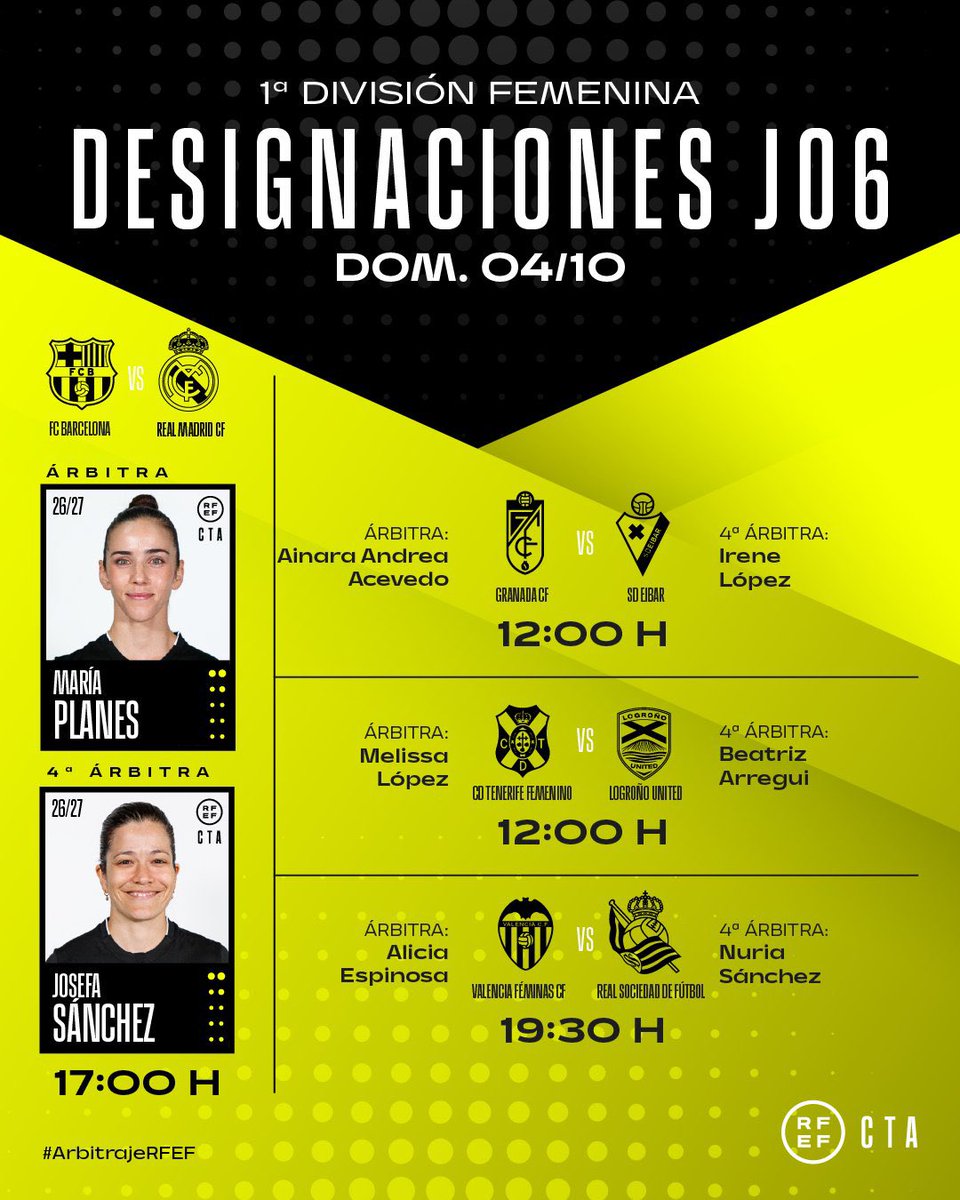 madridfemxtra's tweet photo. 🚨 La RFEF ha designado a la árbitra María Planes Terol para el partido de la Jornada 6 de #LigaF vs FC Barcelona.
⚖️ Balance:
• 13 victorias
• 0 empates
• 0 derrotas https://t.co/2ZRVhnCab0