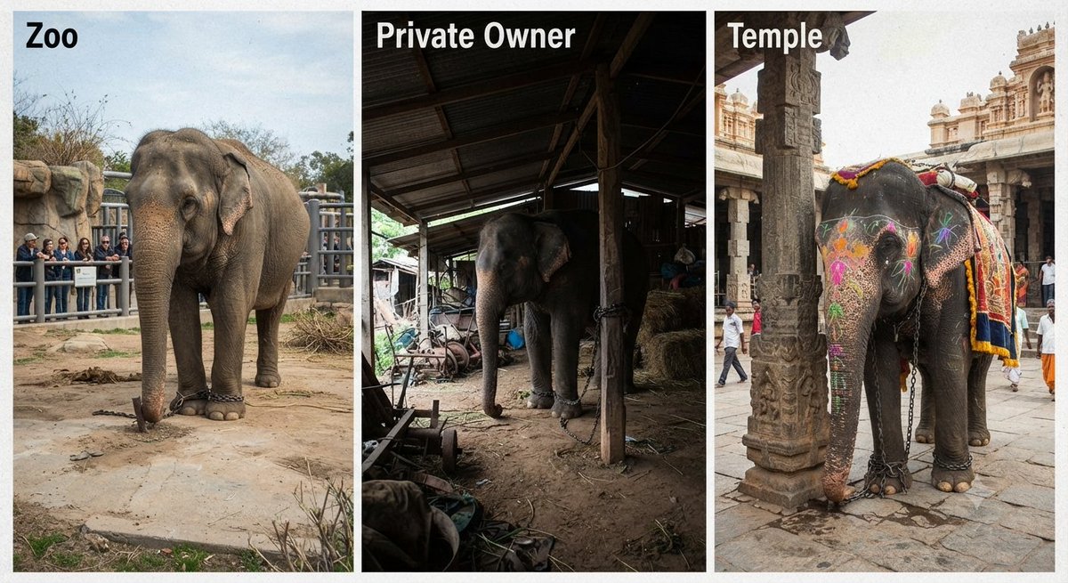 rameshtvk43's tweet photo. Ending the Captivity Crisis for Elephants

Whether housed in zoos, kept by private owners, or tethered to temple grounds, captive elephants endure a life of systemic abuse and exploitation. Stripped of their natural autonomy, they are treated as property rather than living beings, forced to serve human entertainment and rituals.

A Path to Freedom

It is time to retire these gentle giants from facilities they never chose and transition them into natural sanctuaries.

 * The Role of Temples: Many temples possess vast tracts of land. Instead of keeping chained elephants, religious institutions can lead with true compassion by converting these lands into safe, free-roaming sanctuaries. This transformation would be a true reflection of genuine devotion.

 * Regulatory Accountability: The forest department must mandate clear Standard Operating Procedures (SOPs) for sanctuary establishment and care.

 * Strict Enforcement: Private owners or institutions that fail to comply with these humane standards must be legally required to surrender their elephants to the department for proper rehabilitation.

@CMOTamilnadu
@TVKVijayHQ
@RameshOffcl
@tnforestdept
@RvRanjithtvk
@tnhrcedept

#FreeTheFive
#VerifyTheFive
#NoElephantsInTemples
#WhyTheChains
#StopElephantCaptivity
#NoElephantsinZoo