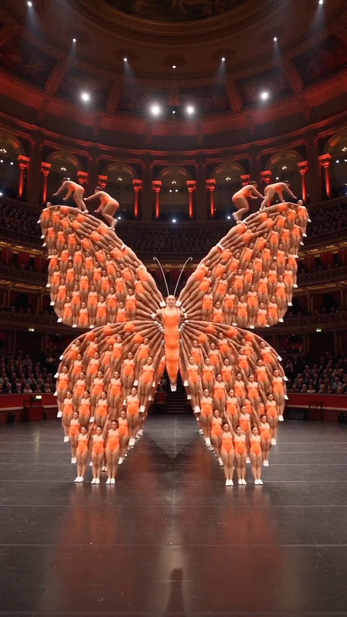A theatrical performance featuring performers in orange leotards arranged in a stunning butterfly formation on stage inside an ornate theater.