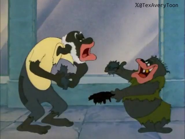 In a classic Tex Avery cartoon scene, a black-and-white dog in a yellow shirt cowers in fear from a menacing rat-like creature, embodying the essence of karma as the tables turn on the would-be tormentor. The watermark "X@TexAveryToon" appears in the top right corner.