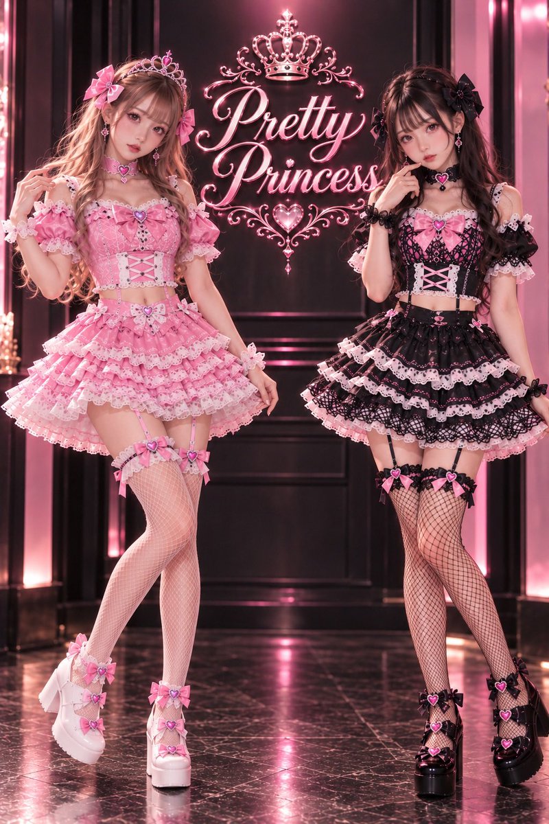 akb_prepri's tweet photo. Pretty Princessの衣装、実はかなりこだわってます👑

紅白歌合戦や嵐のステージ衣装も手がけたデザイナー監修。
黒×ピンクのお姫様感を詰め込んだ完全オリジナル衣装です🖤🩷

細部までかわいく、写真映えもばっちり。
あなたは黒派？ピンク派？

#秋葉原 #コンカフェ #PrettyPrincess https://t.co/Fmrq2Z88ak