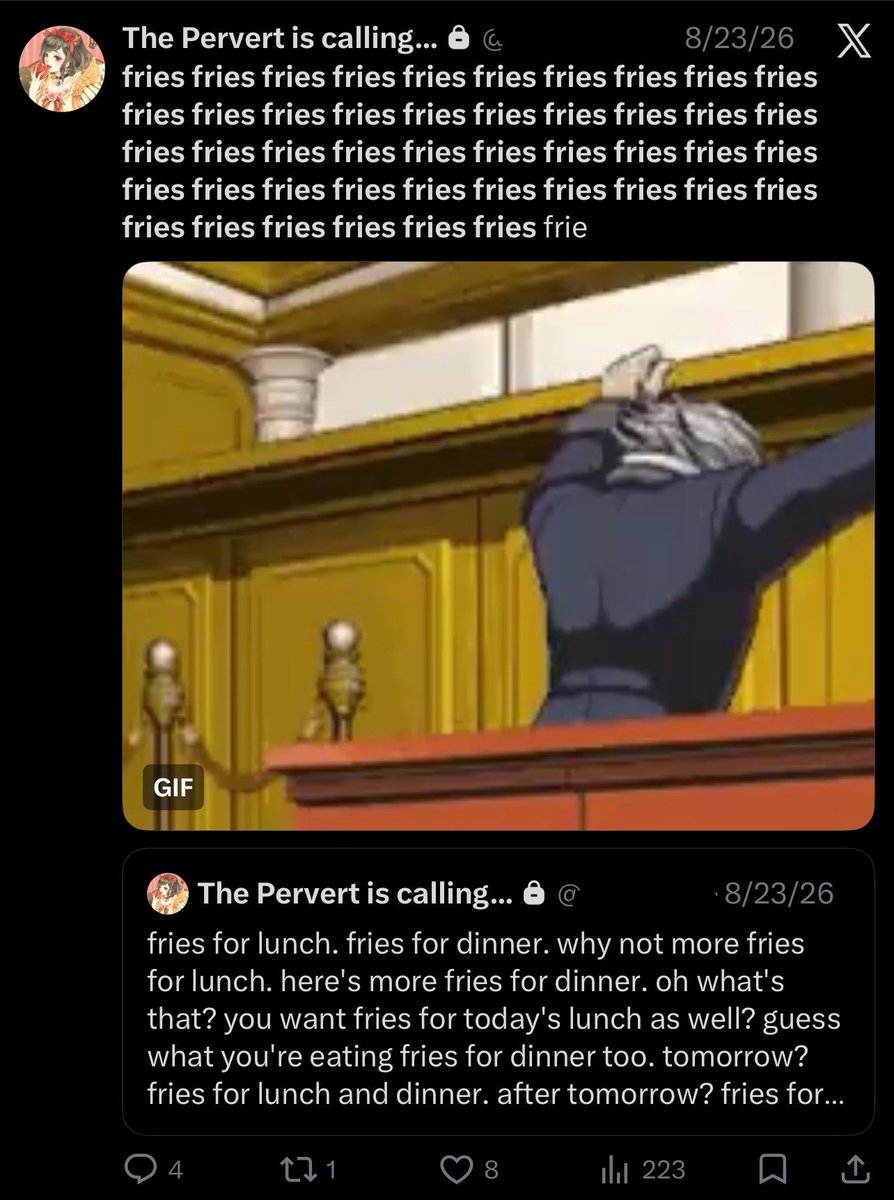 hawthornering's tweet photo. last summer i spent a month with my grandma and she would nearly always always make fries for lunch and dinner. here are screenshots of me slowly going mad over fries https://t.co/2G4LHvtcRz