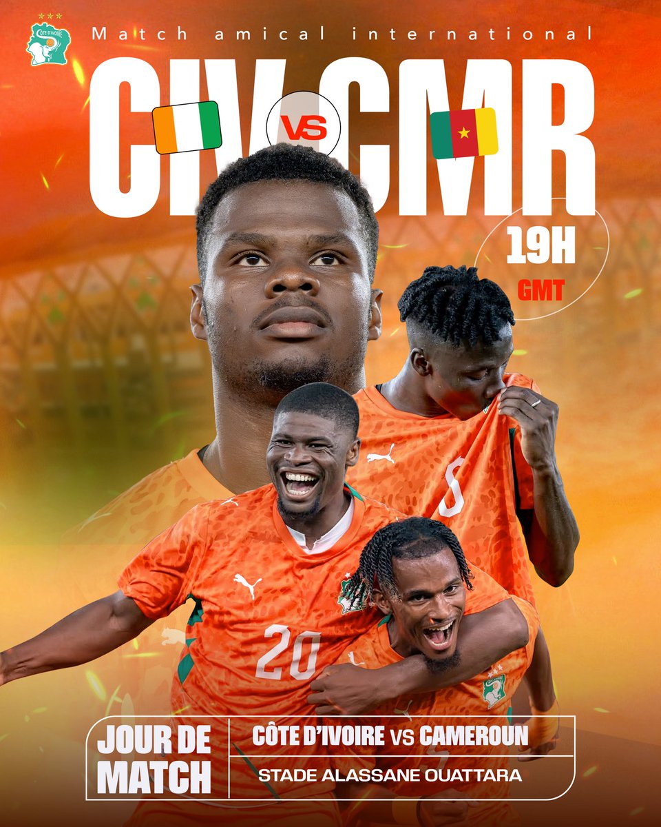 equipenatciv's tweet photo. 🚨 MATCH AMICAL INTERNATIONAL 🔥

🇨🇮 CÔTE D’IVOIRE vs CAMEROUN 🇨🇲
🕖 19H00 GMT
📍 Stade d’Ébimpé

Ensemble, faisons vibrer Ébimpé ! 💪🏾🇨🇮

#TousDerrièreLesÉléphants #EliminatoiresCAN2027 #CIVCAM #LesÉléphants https://t.co/2wq1vSvA6j
