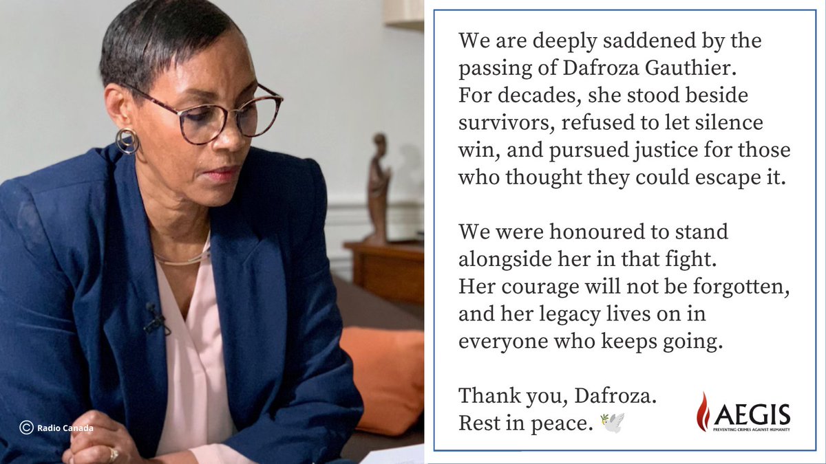 Aegis_Trust's tweet photo. Our deepest condolences to Alain Gauthier, the family, everyone at the Collectif des Parties Civiles pour le Rwanda (CPCR), and all who loved her. Rest in peace, Dafroza 🕊️ https://t.co/N6P7jNEHgp