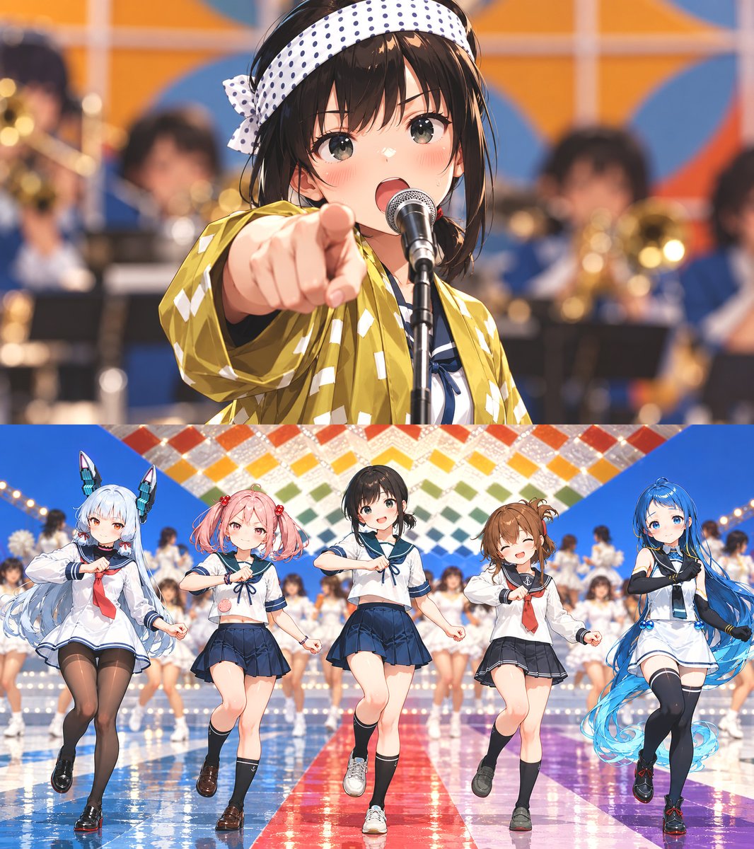 nanoka5124's tweet photo. 10月4日は『8時だョ!全員集合』の放送開始日
最高視聴率は関東地区で驚異の50.5%
「ババンバ BAN BAN BAN!（Shadowban? non non!）」のフレーズはx投稿者の中では有名ですね
※下は『ドリフ大爆笑』（実物は多分こんなに踊ってません）
#艦これ #AIイラスト https://t.co/wbQ2nYN4ih