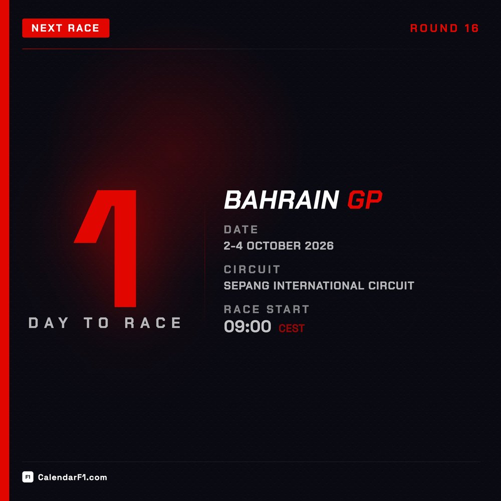 calendar_f1's tweet photo. Race day tomorrow! Lights out at Sepang at 15:00 local, 09:00 CEST. 56 laps, heat and maybe rain. Ready?

#F1 #BahrainGP https://t.co/cQDH0bv6SP