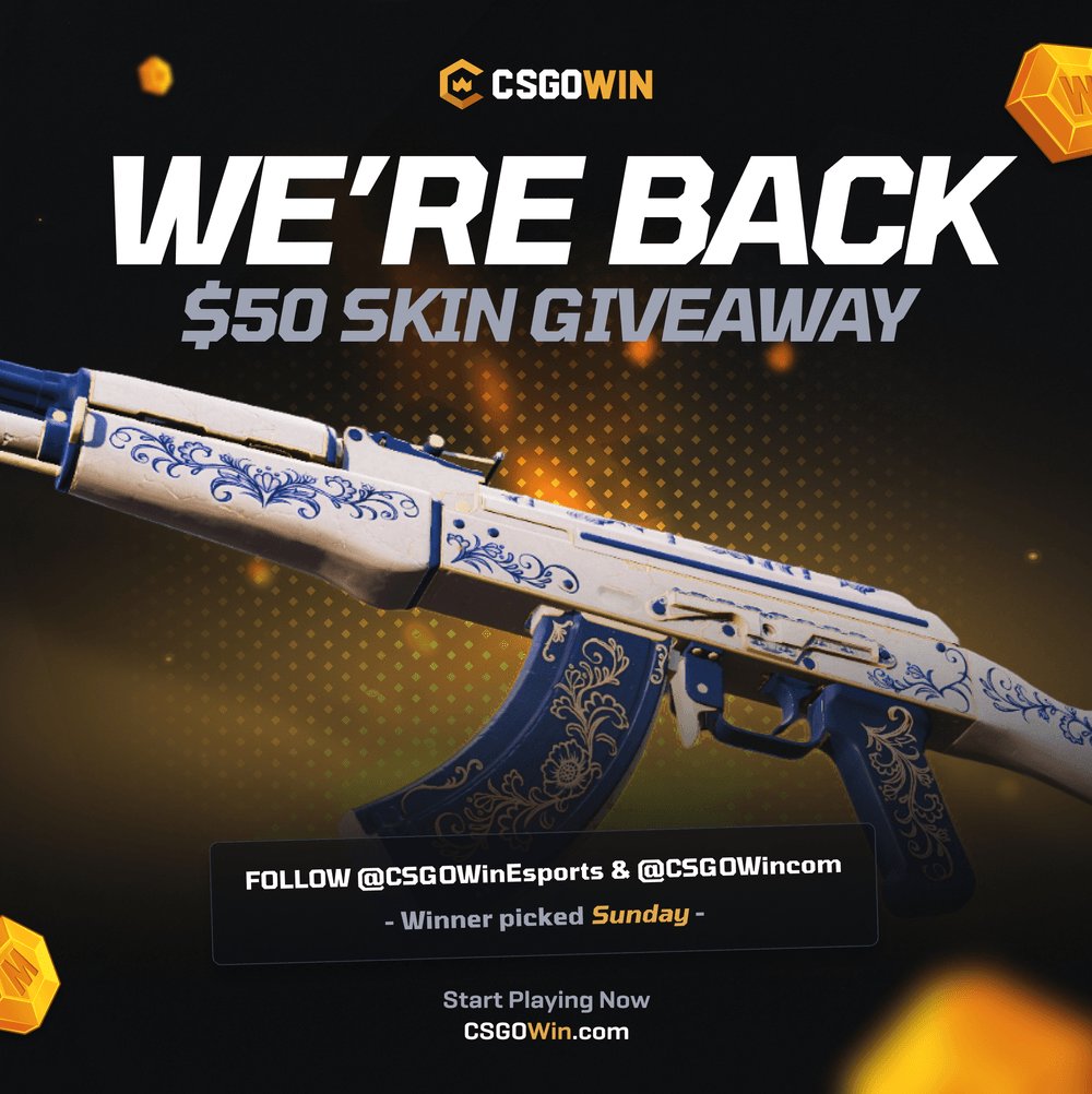 CSGOWinEsports's tweet photo. We're back, and we brought a skin 🎁

$50 skin of your choice up for grabs

1. Follow @CSGOWinEsports &amp; @CSGOWincom ✅
2. Like + tag your duo 👥

Winner picked Sunday 🍀 https://t.co/Xe9QFVJCuV
