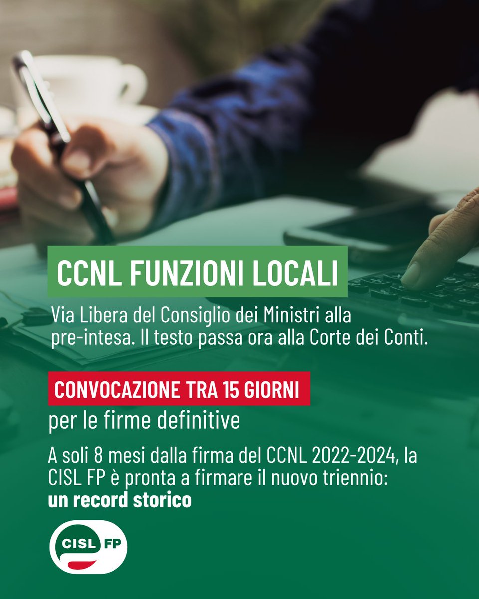 cislfp's tweet photo. VINCE LA LINEA CISL!

A soli 8 mesi dalla firma del CCNL 2022-2024, la CISL FP è pronta a firmare il nuovo triennio: un record storico per le Funzioni Locali. 
👉 Leggi la guida completa: https://t.co/nXUqhTe7FZ

#CislFP #FunzioniLocali #CCNL https://t.co/x4HOB6rutU