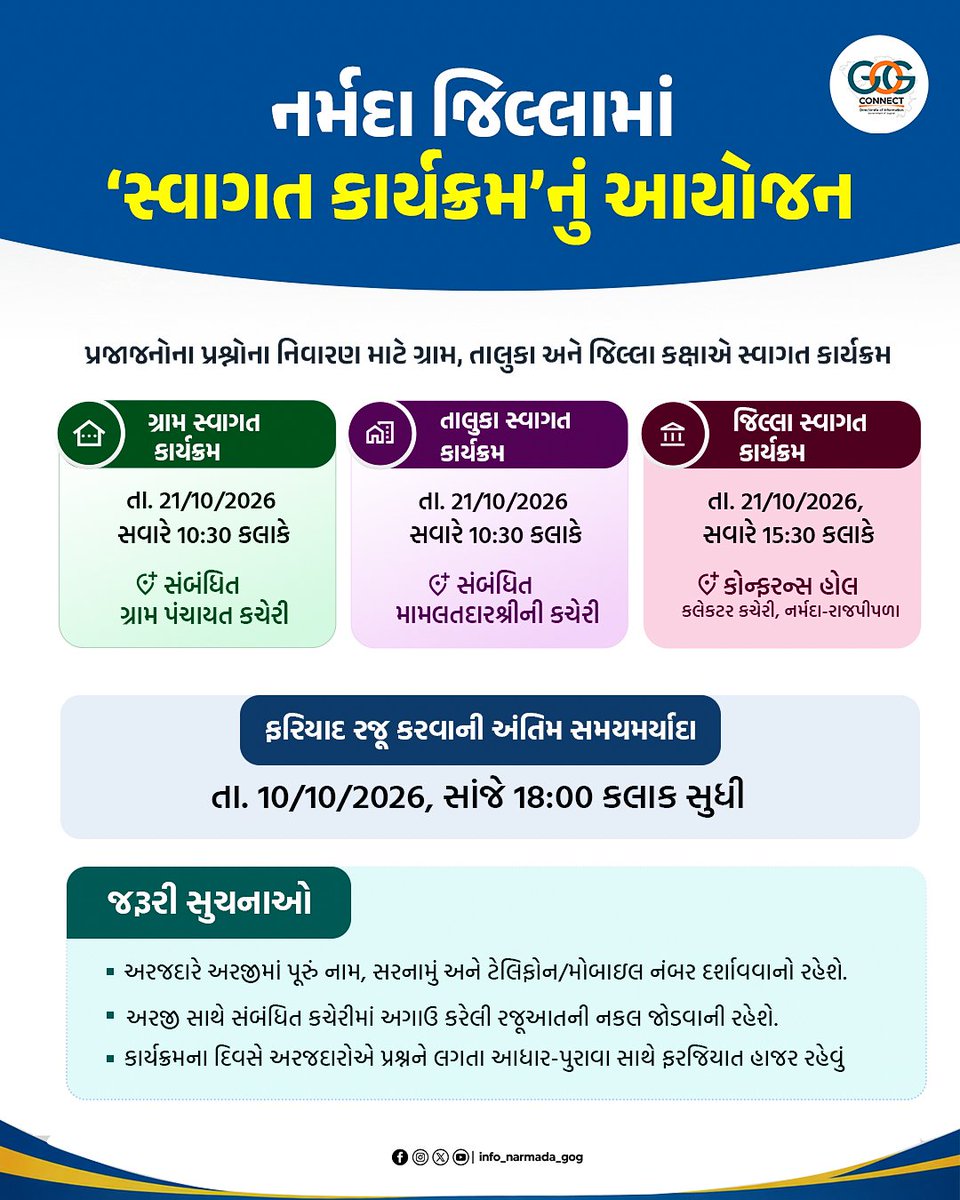 InfoNarmadaGoG's tweet photo. જનપ્રશ્નોના નિવારણ માટે ‘સ્વાગત કાર્યક્રમ’
લોકસેવા અને ઝડપી નિવારણ તરફ એક પગલું..!
#SWAGAT #JanSeva #Narmada #GujaratGovernment https://t.co/YrgpIodR4u