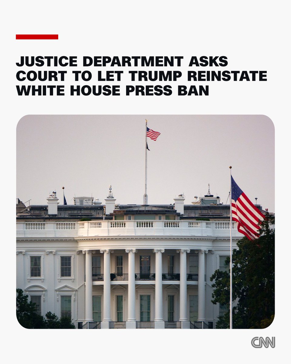 CNN's tweet photo. The Justice Department argued that President Donald Trump should be allowed to reinstate his White House ban of CNN, MS NOW and Politico in a court filing late Friday ahead of a hearing next week in the lawsuit from the news companies. https://t.co/BJAa3WgveO https://t.co/pNXGTHySJl