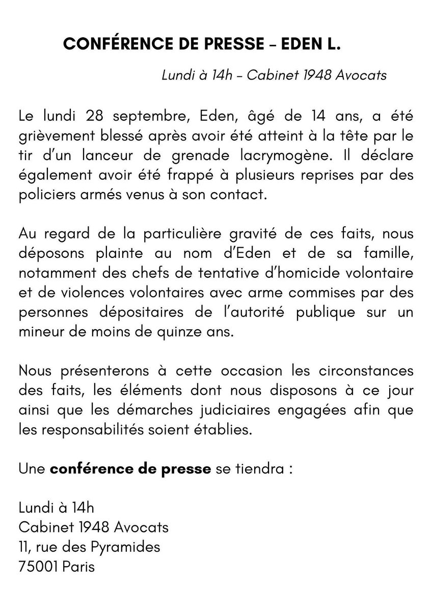Elsa_Marcel's tweet photo. 🛑 Eden L. Conférence de presse - lundi 5 octobre à 14 H

Au sujet de notre dépôt de plainte pour tentative d'homicide volontaire et violences aggravées. https://t.co/DF4YOMHCXE