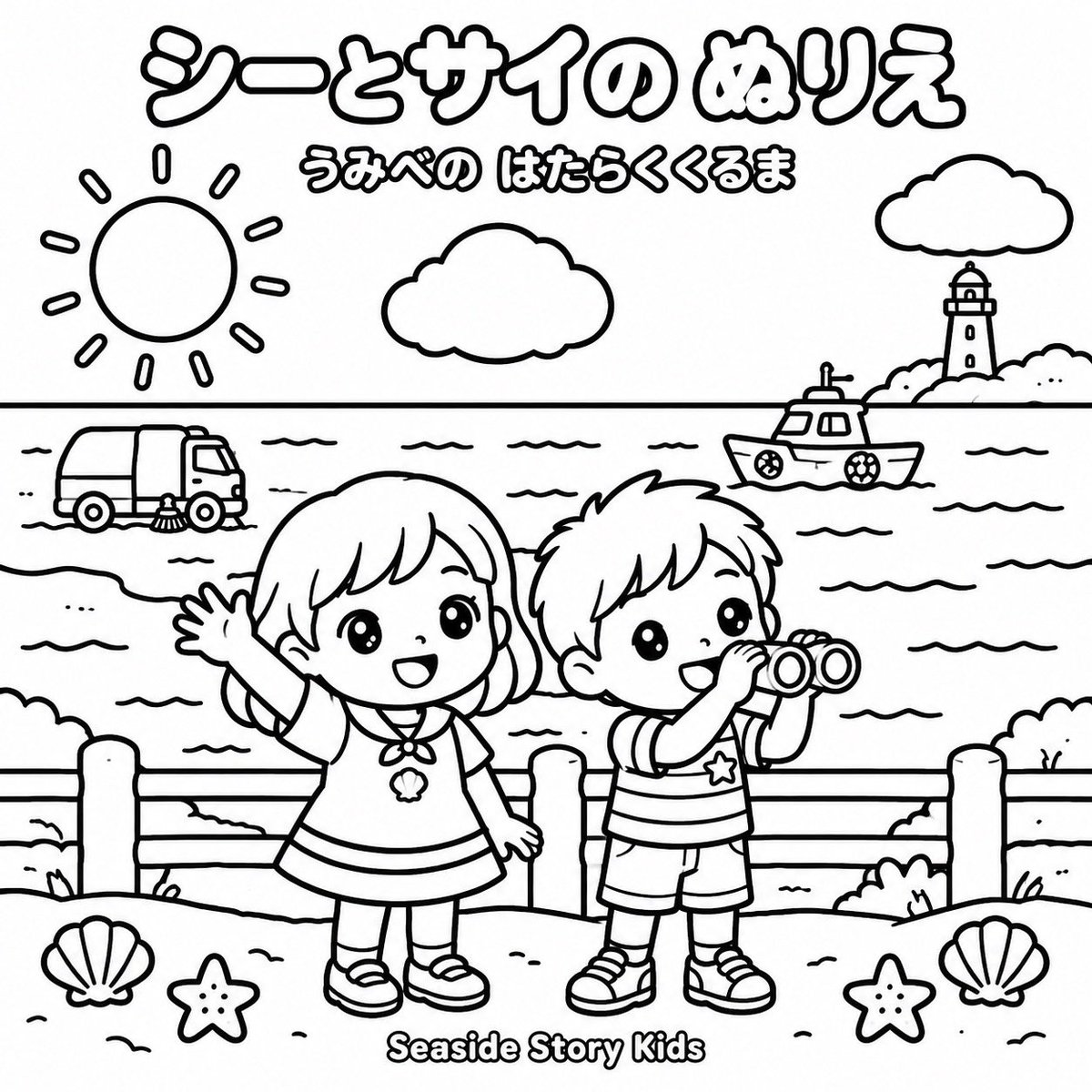 SeasideStory_kd's tweet photo. 🖍️ シーとサイの新しいぬりえができました！
テーマは  
「うみべの はたらくくるま」 🌊🚙
双眼鏡で遠くをのぞくふたりの先には、清掃車や救助ボート、灯台も。  
空も海も、好きな色で自由にぬってね🐚✨
#ぬりえ #塗り絵 #はたらくくるま #SeasideStoryKids https://t.co/8d3cBHMm25