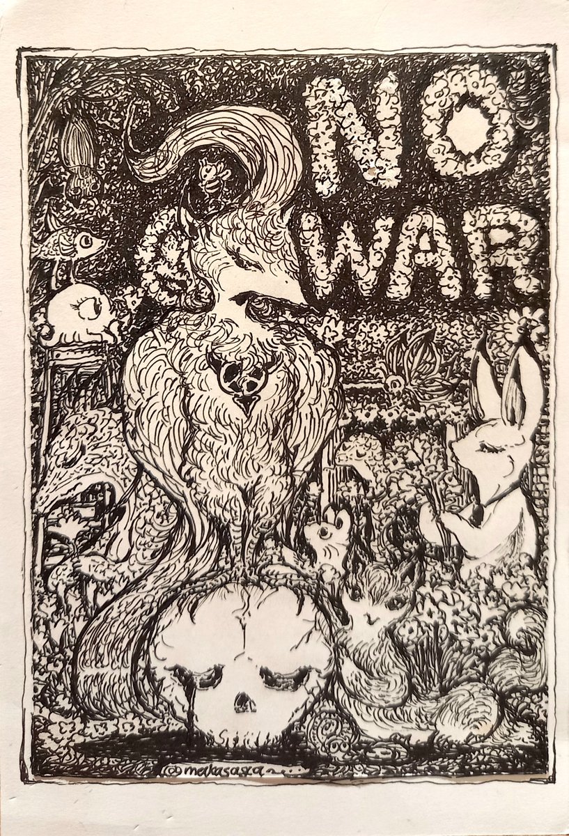 makasaga's tweet photo. 明日の京都まつりに出展する絵２点😊

ハガキサイズ、各三千円。

細かい絵好きな人に届いたら嬉しいな。

ボールペンでこーいうのチマチマ描けるのも平和やからこそ。

マジ日本政府、憲法9条守って国家間緊張をもたらす軍拡やめてな。
国守るのに逆効果すぎるねん！
#戦争反対９条守れ
#アナログ絵 https://t.co/Ia9eHh70C1