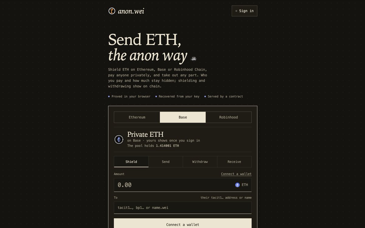 z0r0zzz's tweet photo. weekend privacy launch: { anon.wei }

anon.wei is the first fully onchain privacy tool for ETH.

The entire dapp runs on smart contracts (ERC-8244).

Log in. Shield. Pay people by name (.wei). Super simple.

Zero fees. Always online. Shield ETH on multiple chains. https://t.co/lBUiyKUrjC