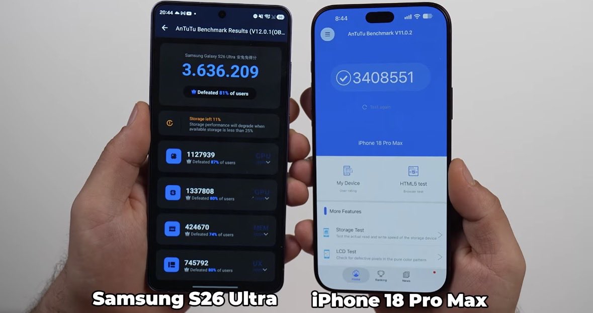 Androiq's tweet photo. The ultimate flagship benchmark battle! 📱🔥

Despite a 7-month gap between these two beasts, here are the AnTuTu Benchmark Results:
🔵 Samsung Galaxy S26 Ultra: 3,636,209
🍏 iPhone 18 Pro Max: 3,408,551

Samsung takes the lead in this raw performance test! Which team are you on? 👇

#SamsungS26Ultra #iPhone18ProMax #AnTuTu #Tech