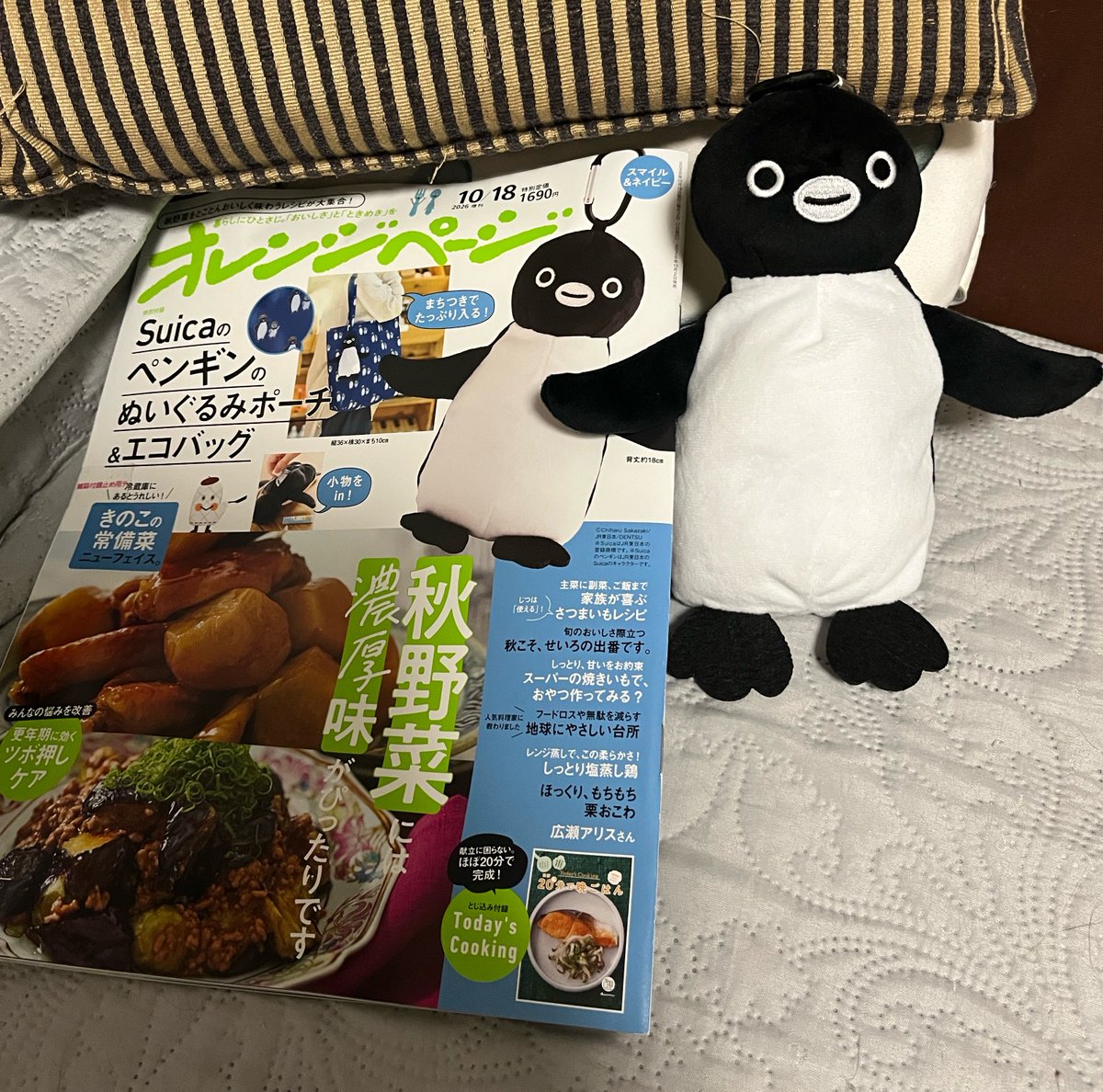 yuki10monkey's tweet photo. オレンジページのSuicaペンギン　出遅れた！もう無いだろうなって近所のセブンに行ったら一冊だけ残ってた。エコバッグと一体型じゃないのね。確かにマチありなので良きだけど、思ったより大きいからSuicaペンギンのシュパットエコバッグ入らないかしら？って思って頑張って入れてみた。なんとか入った https://t.co/SaBEEbgQOa