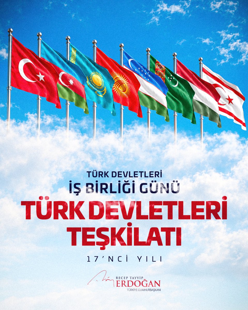 RTErdogan's tweet photo. Türk Devletleri Teşkilatımızın kurulmasını sağlayan Nahçıvan Anlaşması’nın 17’nci yıl dönümü ile Türk Devletleri İş Birliği Günü’nü en kalbî duygularımla tebrik ediyorum.

Dilde, fikirde, işte birlik şiarıyla çıktığımız bu kardeşlik yolunda birliğimizin, beraberliğimizin, dayanışmamızın daim ve kaim olmasını diliyorum.
