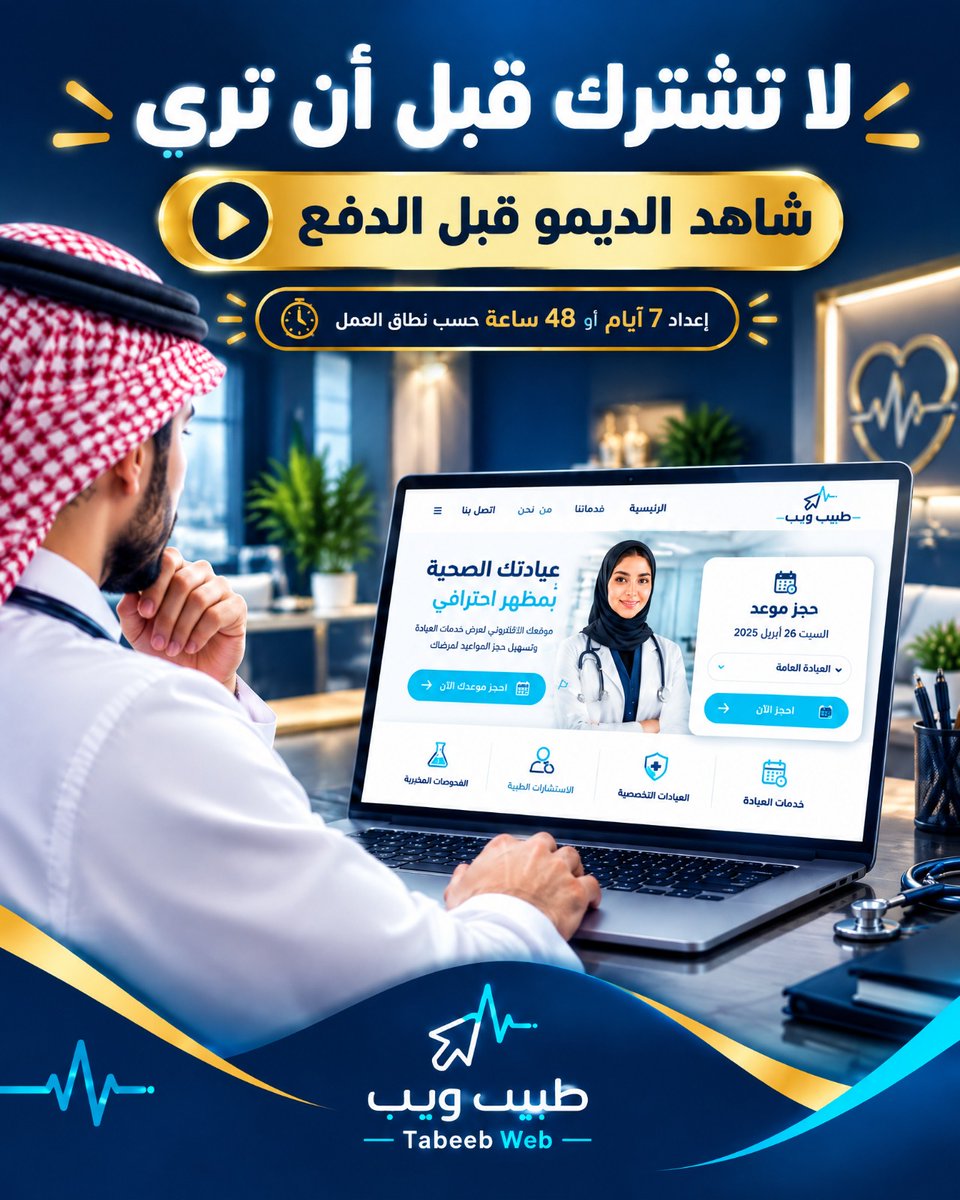 tabeebn7's tweet photo. لا تشترك قبل أن ترى
قرار الاشتراك في منصة جديدة يحتاج إلى وضوح.
لذلك لا تكتفِ بالشرح فقط؛ شاهد كيف يمكن أن تظهر عيادتك رقمياً 
شاهد الديمو قبل الدفع، ثم ناقش ما تحتاجه عيادتك فعلياً.
الإعداد متاح خلال 7 أيام أو 48 ساعة حسب نطاق العمل.#طبيب_ويب #ديمو_قبل_الدفع #إدارة_العيادات https://t.co/MvjZz2lU2b
