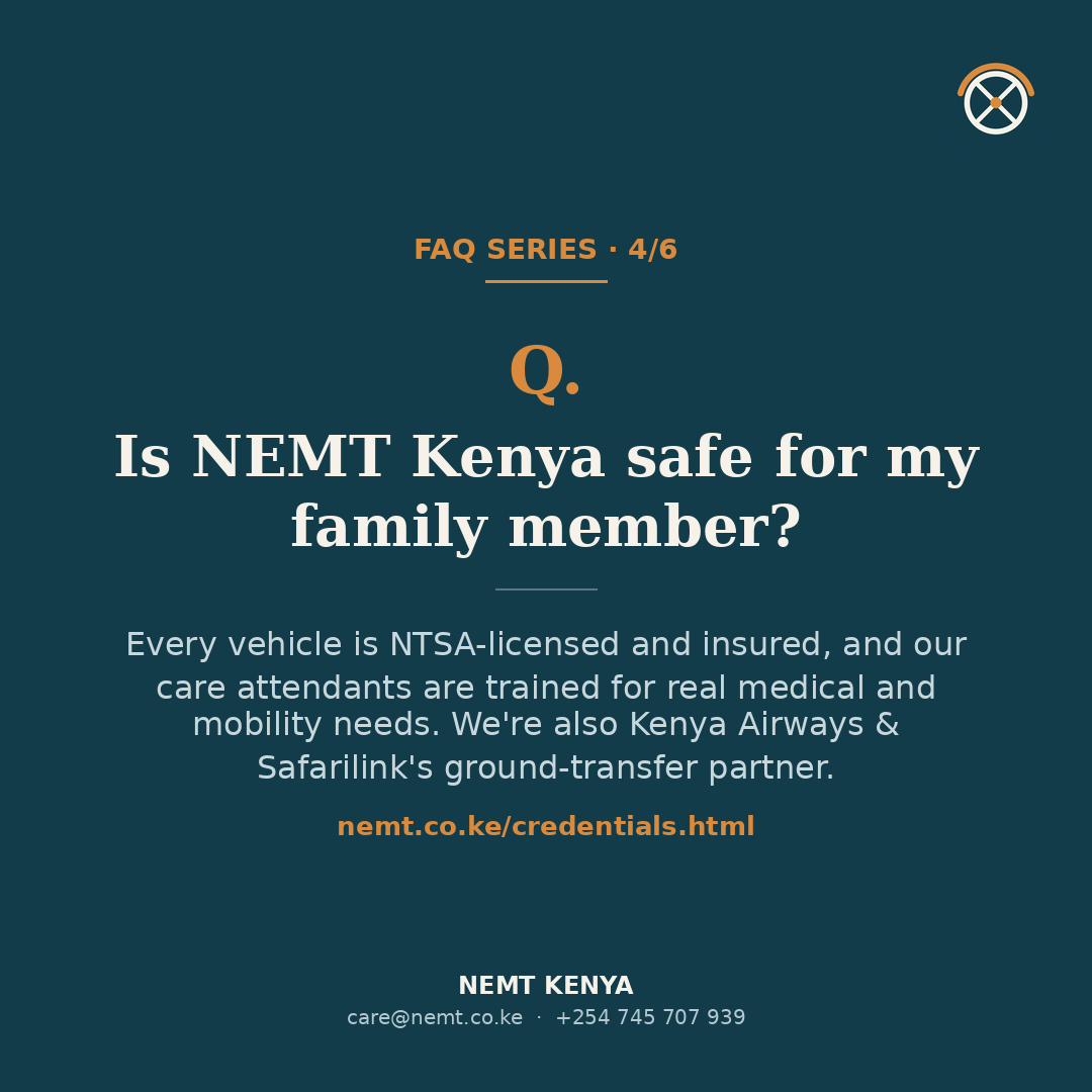 nemtkenya's tweet photo. NTSA-licensed vehicles. Insured fleet. Care attendants trained for real medical and mobility needs. Also Kenya Airways &amp; Safarilink's ground-transfer partner.
https://t.co/mN2wNJ2kUt
#NEMTKenya #SafetyFirst https://t.co/LVrhtxfrC2