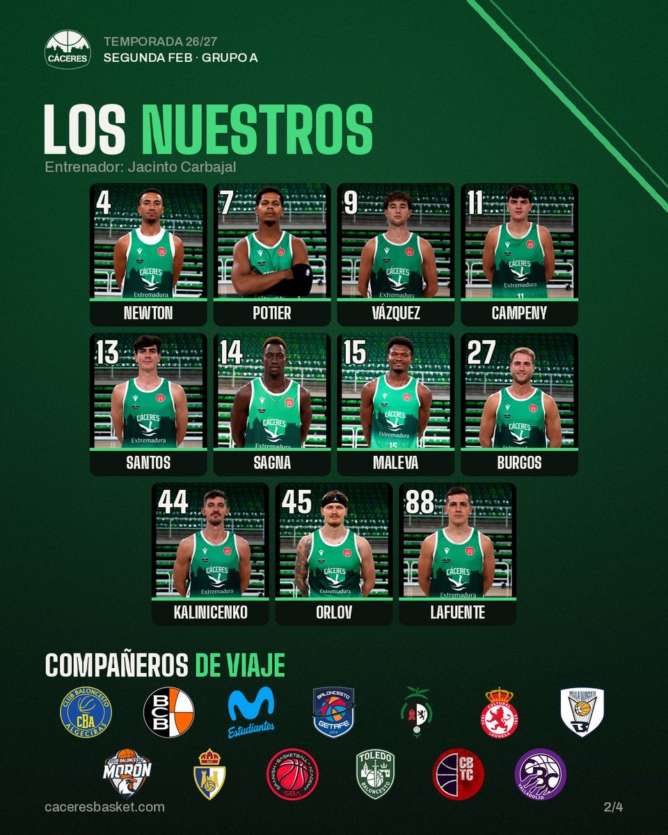 Caceres_Basket's tweet photo. 🚀 Arranca el viaje.

Los nuestros, 13 compañeros de viaje, 26 paradas y el regreso del derbi extremeño, 35 años después.

Gracias a patrocinadores, instituciones y socios fundadores 💚

Mucha suerte a todos los equipos. Primera parada: domingo 4, 12:00, en Toledo 🏀 https://t.co/JRqDDWS3dv