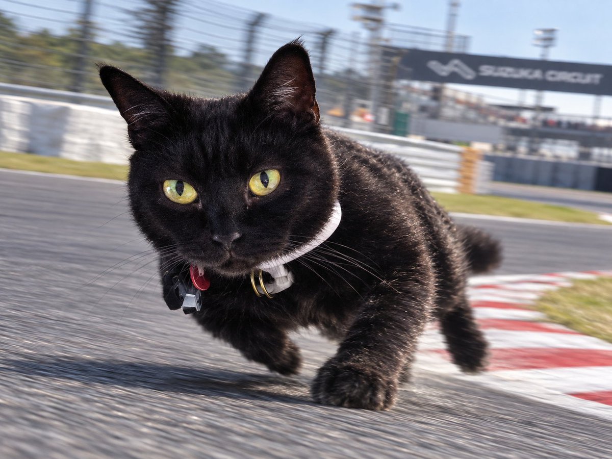 chibinyan_saita's tweet photo. なんか面白そうなプロンプトが流れてきたので、うちの黒猫ヤマトくんにも鈴鹿サーキットを疾走してもらいました。
うーん、イケニャンだわ～🥰
個人的には、JR東日本のE233系が鈴鹿サーキットを走ってる写真がかっこいいとおもいました😂 https://t.co/L4kkqvSIlj