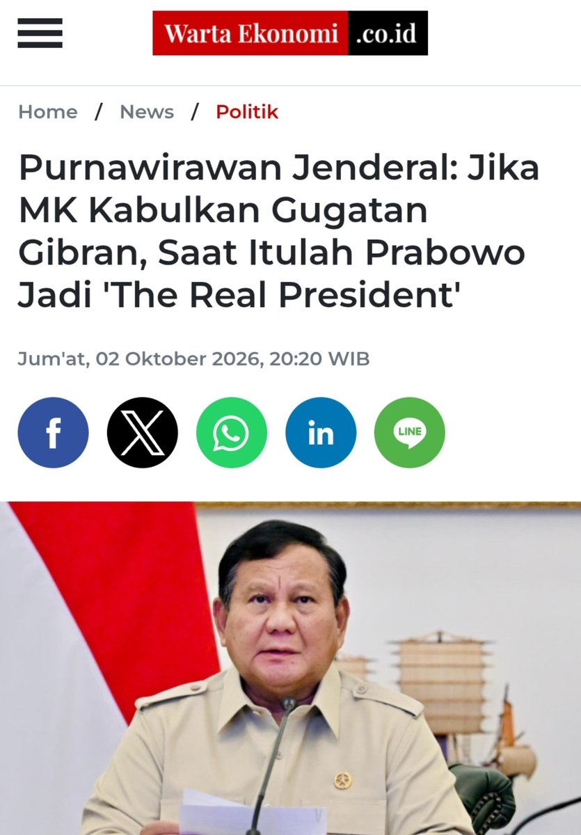 ch_chotimah2's tweet photo. Saya setuju.😊
@prabowo @bang_dasco

Purnawirawan Jenderal: Jika MK Kabulkan Gugatan Gibran, Saat Itulah Prabowo Jadi 'The Real President' https://t.co/vFk6tElp72