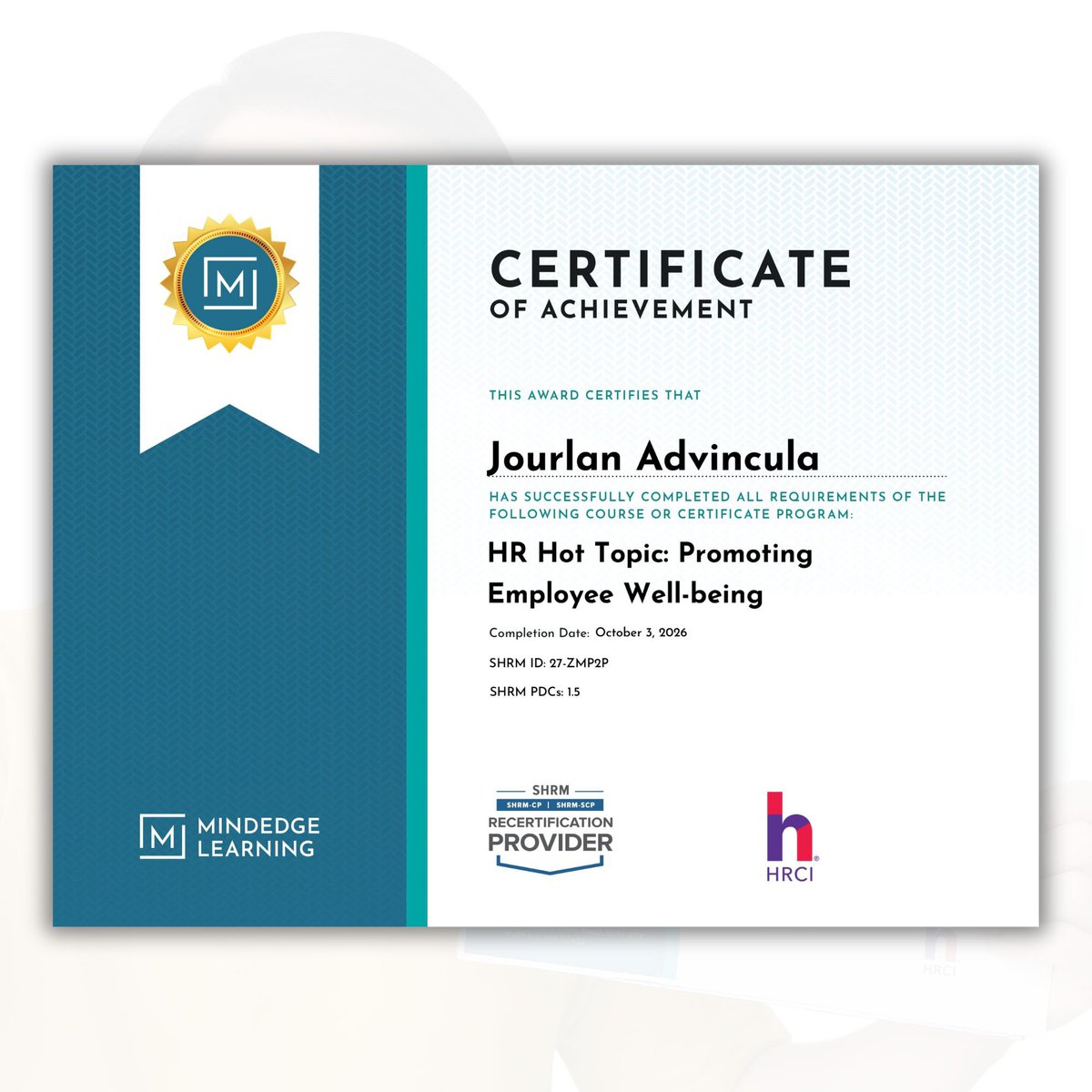 DocJourlanBen's tweet photo. Happy to finish the HR Hot Topic: Promoting Employee Well-being Course from 𝗠𝗶𝗻𝗱𝗘𝗱𝗴𝗲 𝗟𝗲𝗮𝗿𝗻𝗶𝗻𝗴—known for delivering high-quality professional education—and 𝗛𝗥𝗖𝗜 (HR Certification Institute), a global leader in HR professional credentialing and standards 🤍 https://t.co/B7BLdUzDUL
