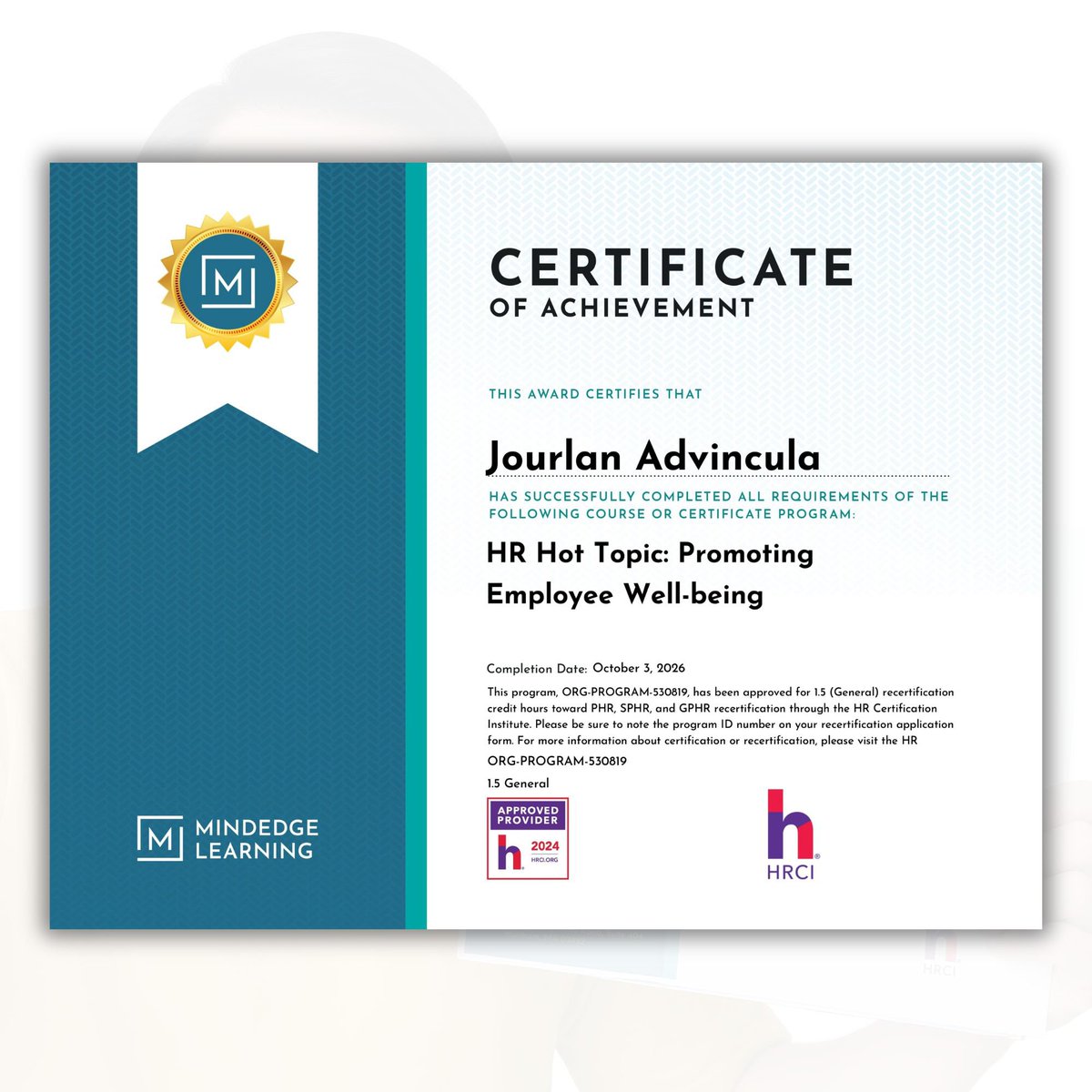 DocJourlanBen's tweet photo. Happy to finish the HR Hot Topic: Promoting Employee Well-being Course from 𝗠𝗶𝗻𝗱𝗘𝗱𝗴𝗲 𝗟𝗲𝗮𝗿𝗻𝗶𝗻𝗴—known for delivering high-quality professional education—and 𝗛𝗥𝗖𝗜 (HR Certification Institute), a global leader in HR professional credentialing and standards 🤍 https://t.co/B7BLdUzDUL