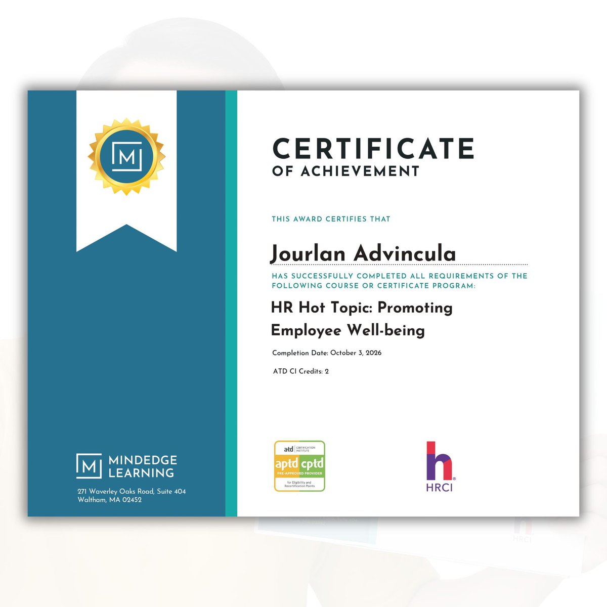 DocJourlanBen's tweet photo. Happy to finish the HR Hot Topic: Promoting Employee Well-being Course from 𝗠𝗶𝗻𝗱𝗘𝗱𝗴𝗲 𝗟𝗲𝗮𝗿𝗻𝗶𝗻𝗴—known for delivering high-quality professional education—and 𝗛𝗥𝗖𝗜 (HR Certification Institute), a global leader in HR professional credentialing and standards 🤍 https://t.co/B7BLdUzDUL