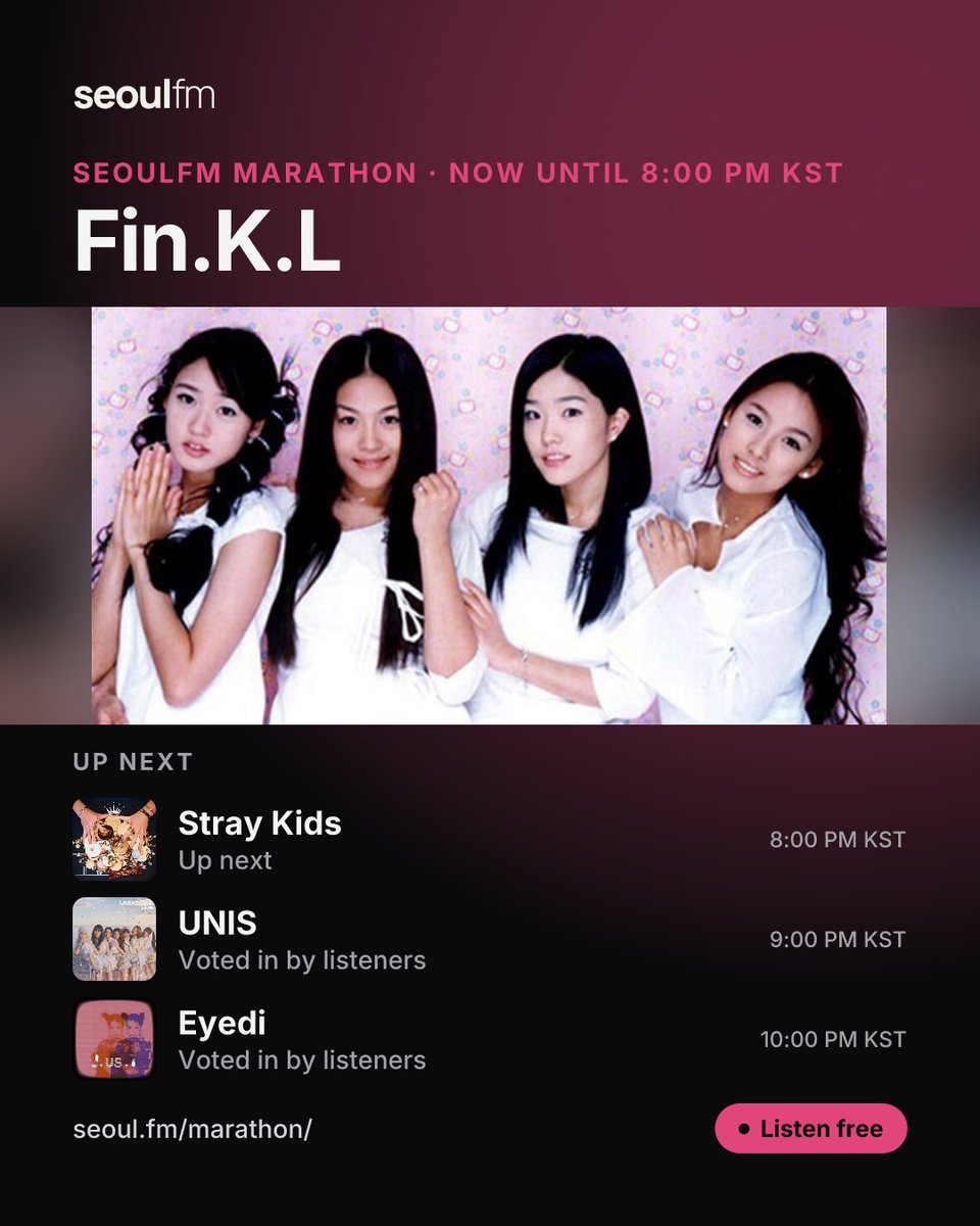 seoulfm's tweet photo. 🗳️ Voted in by listeners: Fin.K.L takes over SeoulFM Marathon, their best songs back to back until 8:00 PM KST.

#kpop #kpopradio #SeoulFM #FinKL #StrayKids #UNIS #Eyedi https://t.co/L5J21nn2iW