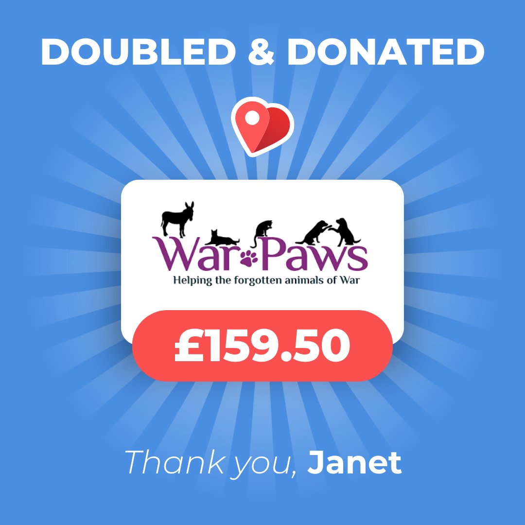 pickmypostcode's tweet photo. ❤️ Double and Donate! ❤️

One of our lucky winners, Janet, doubled and donated her winnings to War Paws. War Paws was created to provide a voice and make the difference for the forgotten animals of war.  

#pmp #pickmypostcode #doubleanddonate #charity #aid #raisingawareness https://t.co/E8gKKxAw5y