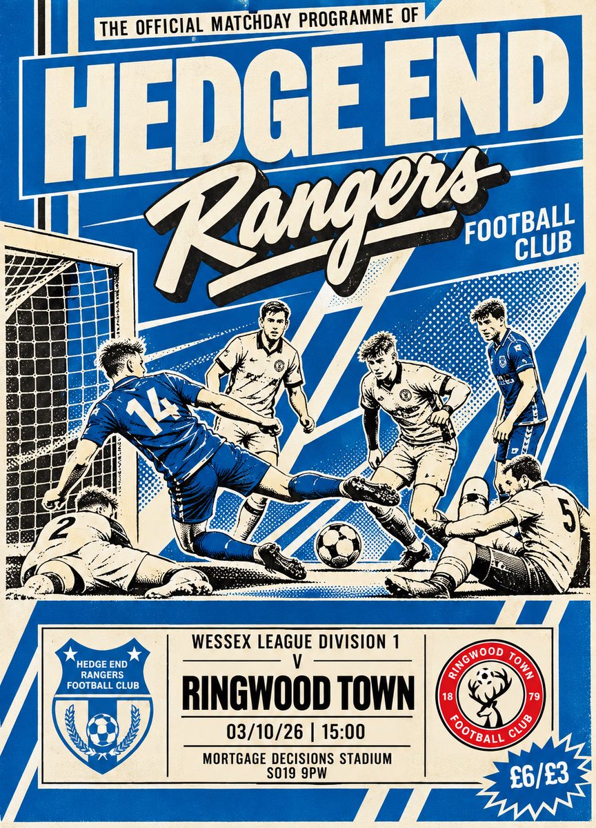 HedgeEndRangers's tweet photo. 🔥 MATCH DAY 🔥

After Wednesday night’s cup action, it’s a quick turnaround as we’re back at the Mortgage Decisions Stadium tomorrow, welcoming Ringwood Town in the Wessex League. 🔵⚪️

We’ve had some fantastic support at home this season and we want to keep those attendances high. Come down, bring your mates, bring the family and spend your Saturday afternoon supporting your local club! 💙

⚔️ Hedge End Rangers v Ringwood Town
🏆 Wessex League Division One
📅 Saturday 3rd October
⏰ 15:00 KO
🏟 Mortgage Decisions Stadium
📍 SO19 9PW
🎟 Adults £6 | Concessions £3
🍔🍺 Food & Bar Available

📣 GET DOWN. GET BEHIND THE LADS. LET’S KEEP BUILDING AT HOME.

Our Town. Our Club. Our Future. 🔵⚪️

#ProudToBeARanger #UpTheRangers #WessexLeague #SupportLocal #NonLeagueFootball