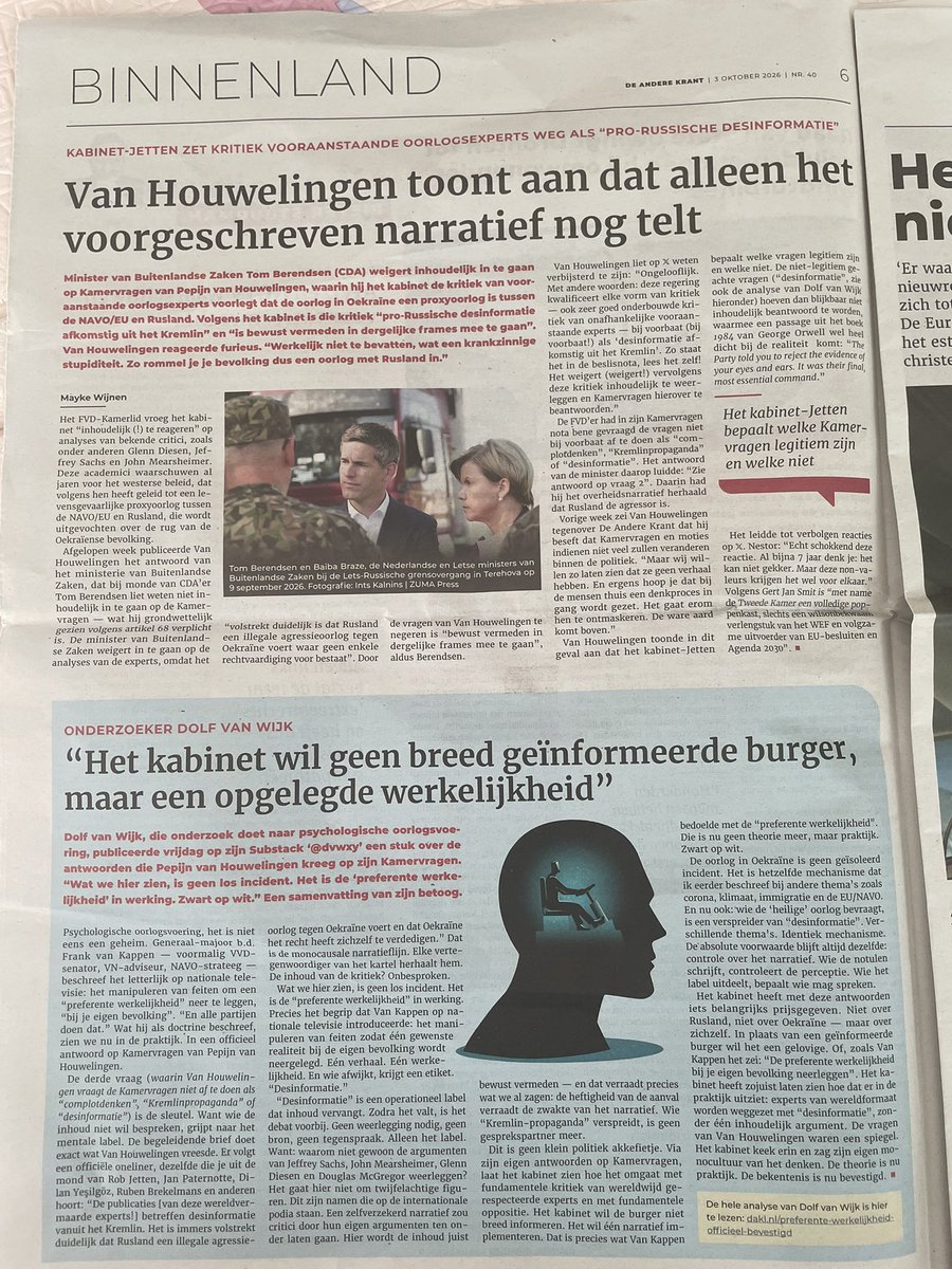 PvanHouwelingen's tweet photo. Kabinet bevestigt bestaan “voorgeschreven werkelijkheid”, weigert Kamervragen te beantwoorden en verspreidt (dus) zelf propaganda, mooi en belangrijk artikel van Mayke Wijnen deze week in de @AndereKrant.👇 https://t.co/Q1SvfDbbHf