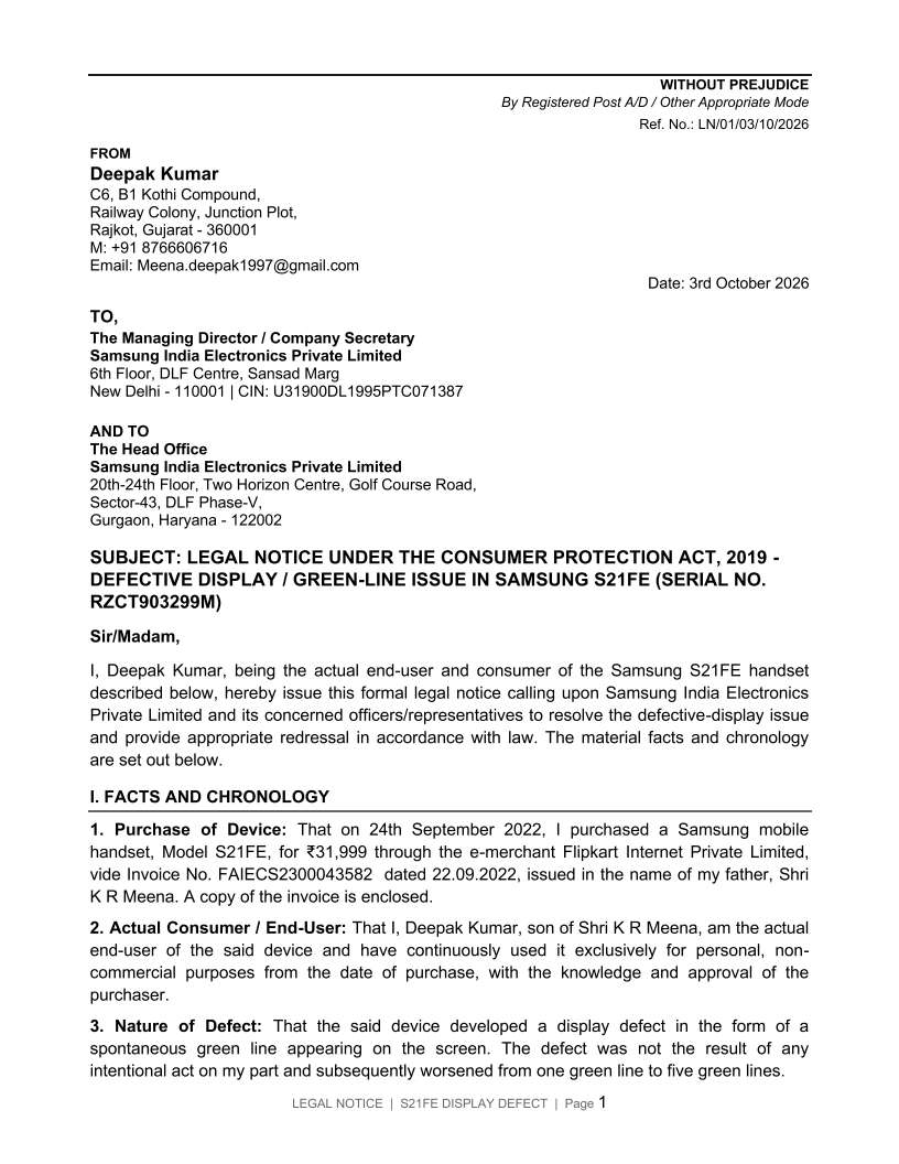 DeepakMeena_76's tweet photo. LEGAL NOTICE against the green line issue for S21FE.
@SamsungMobile @Samsung @SamsungIndia @Samsung https://t.co/LBn2F15MWt