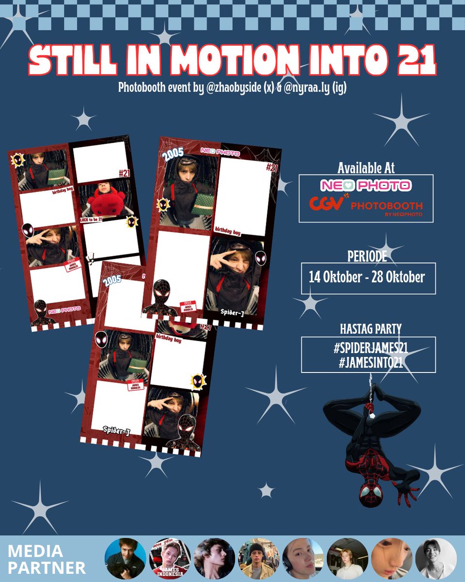 jjumakanseblak's tweet photo. STILL IN MOTION INTO 21🕷

James is turning 21!📸
Come celebrate and capture the moment with us!

📍Location &amp; date on the poster!

PHOTOBOOTH EVENT BY @zhaobyside

🕷Spiderman Ver.
Don't forget the hashtags!
#SPIDERJAMES #JAMESINTO21 #STILLINMOTION https://t.co/NNeTLYHWKG