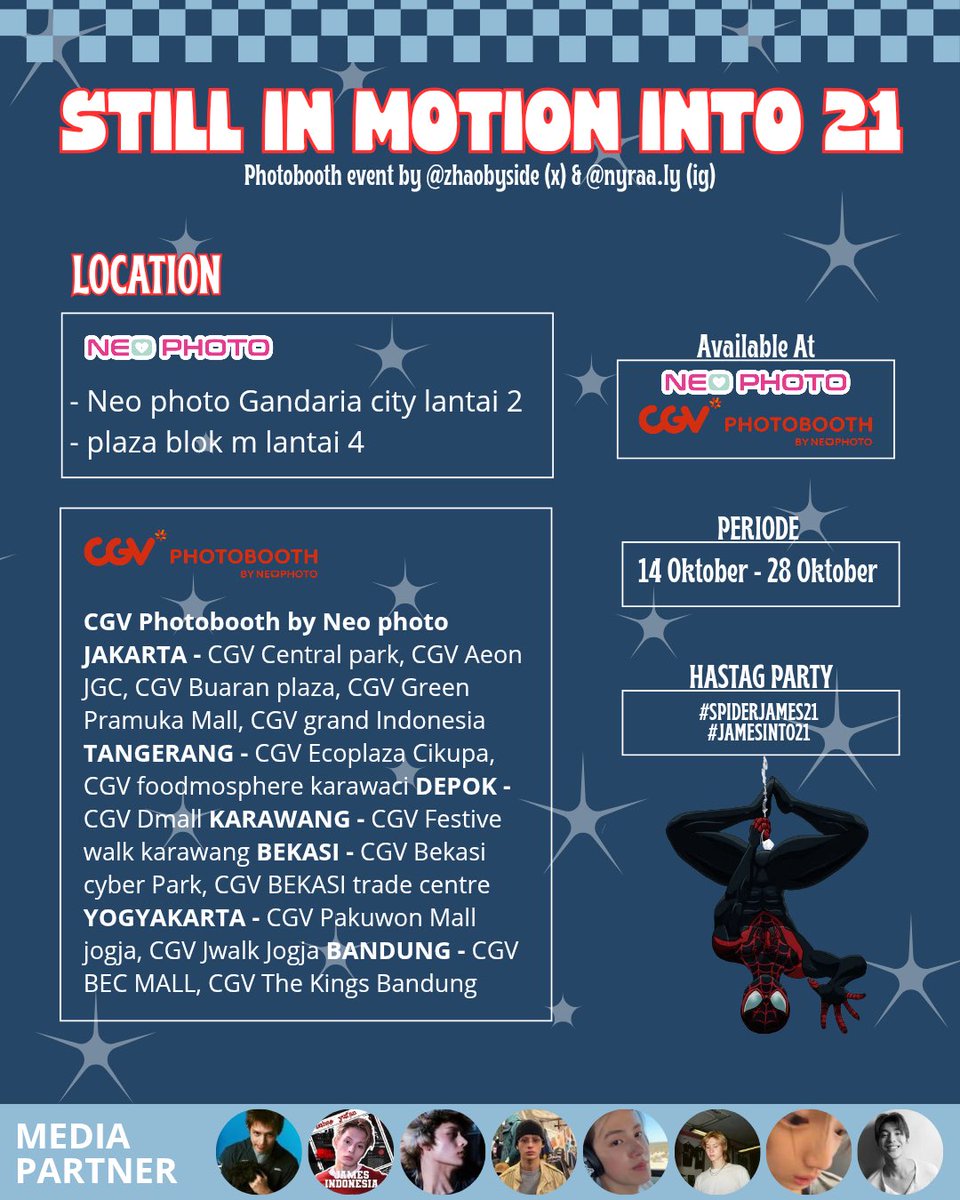 jjumakanseblak's tweet photo. STILL IN MOTION INTO 21🕷

James is turning 21!📸
Come celebrate and capture the moment with us!

📍Location &amp; date on the poster!

PHOTOBOOTH EVENT BY @zhaobyside

🕷Spiderman Ver.
Don't forget the hashtags!
#SPIDERJAMES #JAMESINTO21 #STILLINMOTION https://t.co/NNeTLYHWKG
