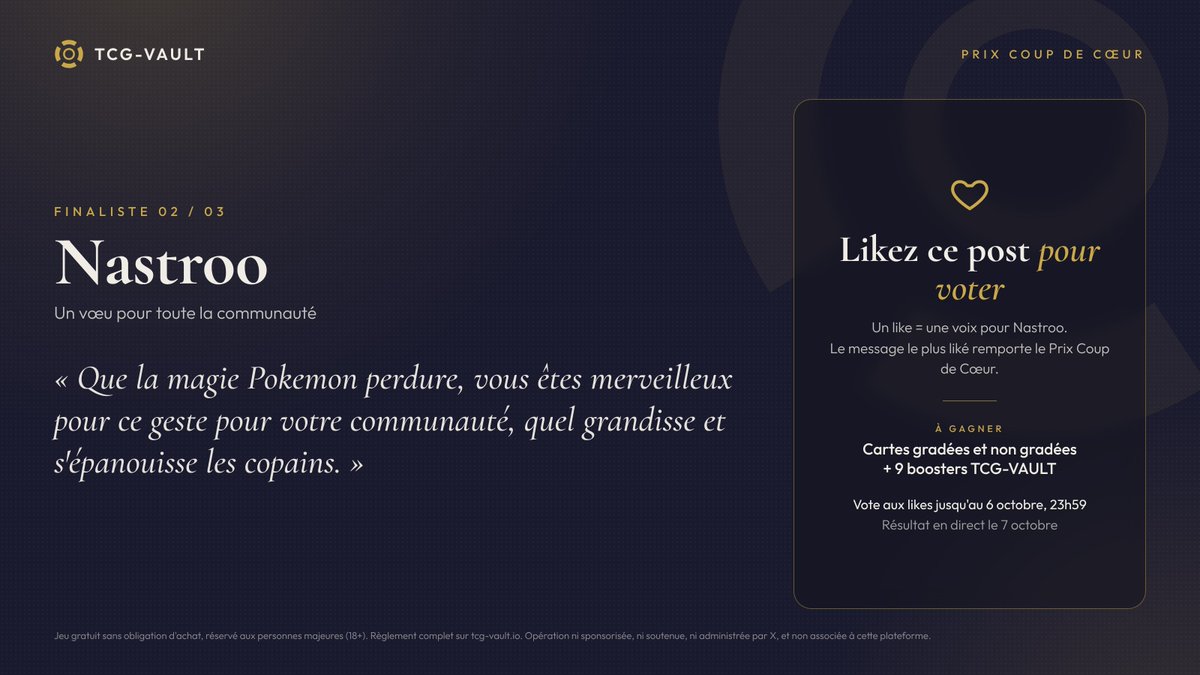 tcgvaultio's tweet photo. Finaliste 02 : @Xenosagate

« Que la magie Pokemon perdure, vous êtes merveilleux pour ce geste pour votre communauté, quel grandisse et s'épanouisse les copains. »

Likez ce post pour voter pour Nastroo. https://t.co/ng2RbRYVNa