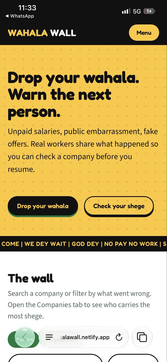 Halosznn_'s tweet photo. Introducing Wahala Wall 🧱

A place for Nigerian workers to drop their workplace stories. Unpaid salary, humiliation, fake offers, all of it.

No name or email, Just your story.

Every story is checked before it goes up, so the wall stays facts only.

Also, check your Shege meter 😅 and see how bad your own workplace really is.

Drop yours or read the wall:
https://t.co/itWAVAmGeK