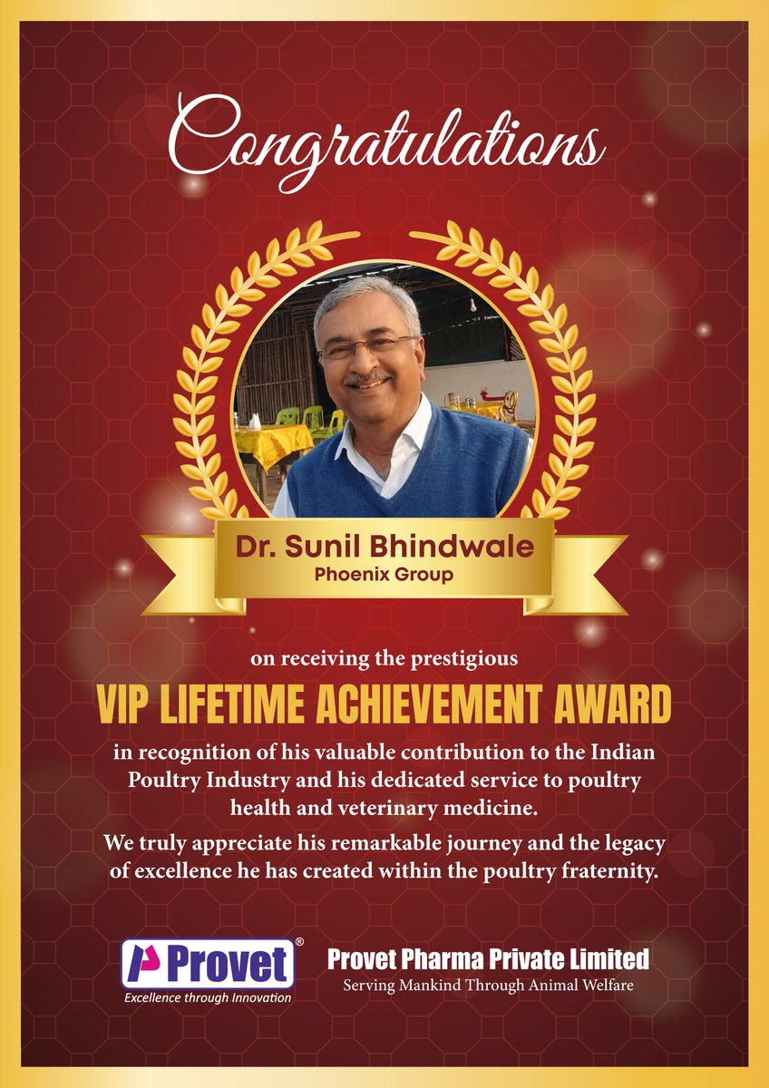 provetppl's tweet photo. Provet extends its heartfelt congratulations to Dr. Sunil Bhindwale on receiving the Lifetime Achievement Award.
#Provetpharma #DrSunilBhindwale #LifetimeAchievementAward #PoultryIndustry #LeadershipExcellence #IndustryRecognition #PhoenixGroup #Congratulations https://t.co/pcuD5eaYqp