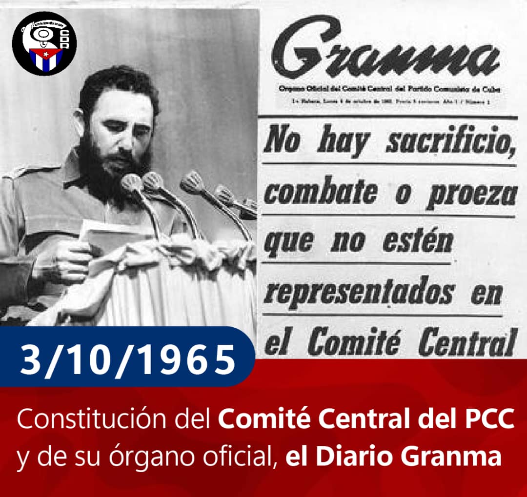 cdr_cuba's tweet photo. Buenos días vecino 🌞 

   Hoy conmemoramos un momento fundamental en la historia de nuestra Revolución: hace 6️⃣1️⃣ años, el Partido adoptó su nombre actual, @PartidoPCC .

   Además, se presentó su primer Comité Central y se anunció la fundación del periódico Granma.🧵👇 https://t.co/5NcQaQxVGl