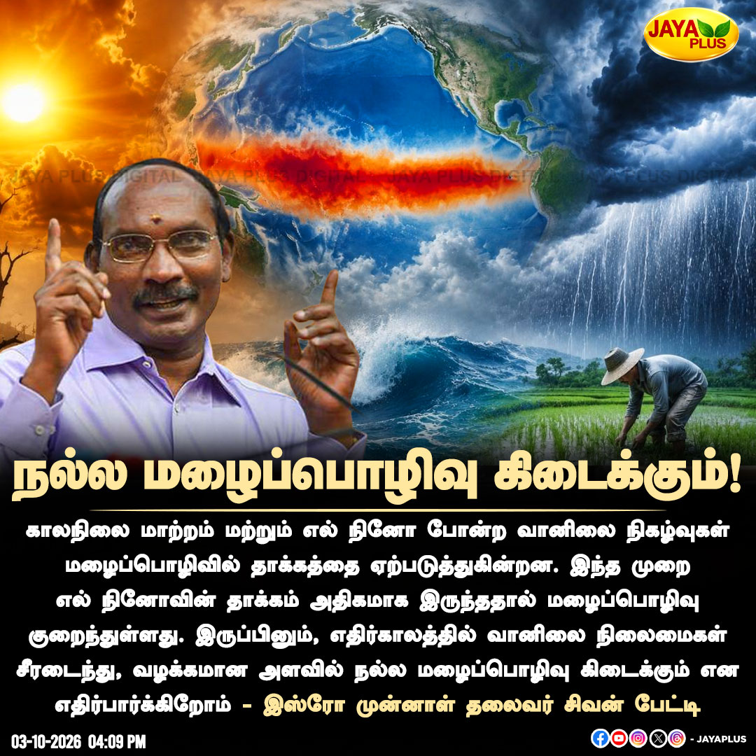 jayapluschannel's tweet photo. நல்ல மழைப்பொழிவு கிடைக்கும்!
#KSivan #ISRO #Rainfall #ElNino #ClimateChange #WeatherUpdate #RainForecast #WeatherNews #TamilNadu #IndiaNews #ISROFormerChief #RainfallPrediction #ClimateChange #ElNinoEffect #TamilNews #JayaPlus https://t.co/AqJgJYzRmy