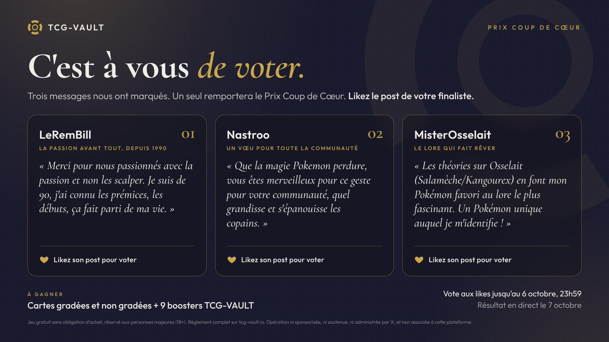 tcgvaultio's tweet photo. Prix Coup de Cœur : c'est à vous de voter.

Parmi tous vos messages #TCGVaultioGiveaway, on en a retenu trois : @RemBillDu38 , @Xenosagate  et @Mister_Osselait .

Un like sur le post de votre finaliste = une voix. Les trois posts sont juste en dessous.

À gagner : des cartes gradées et non gradées + 9 boosters TCG-VAULT. Vote jusqu'au 6 octobre 23h59, résultat en direct le 7 octobre.

Gratuit, 18+, règlement lien en bio.