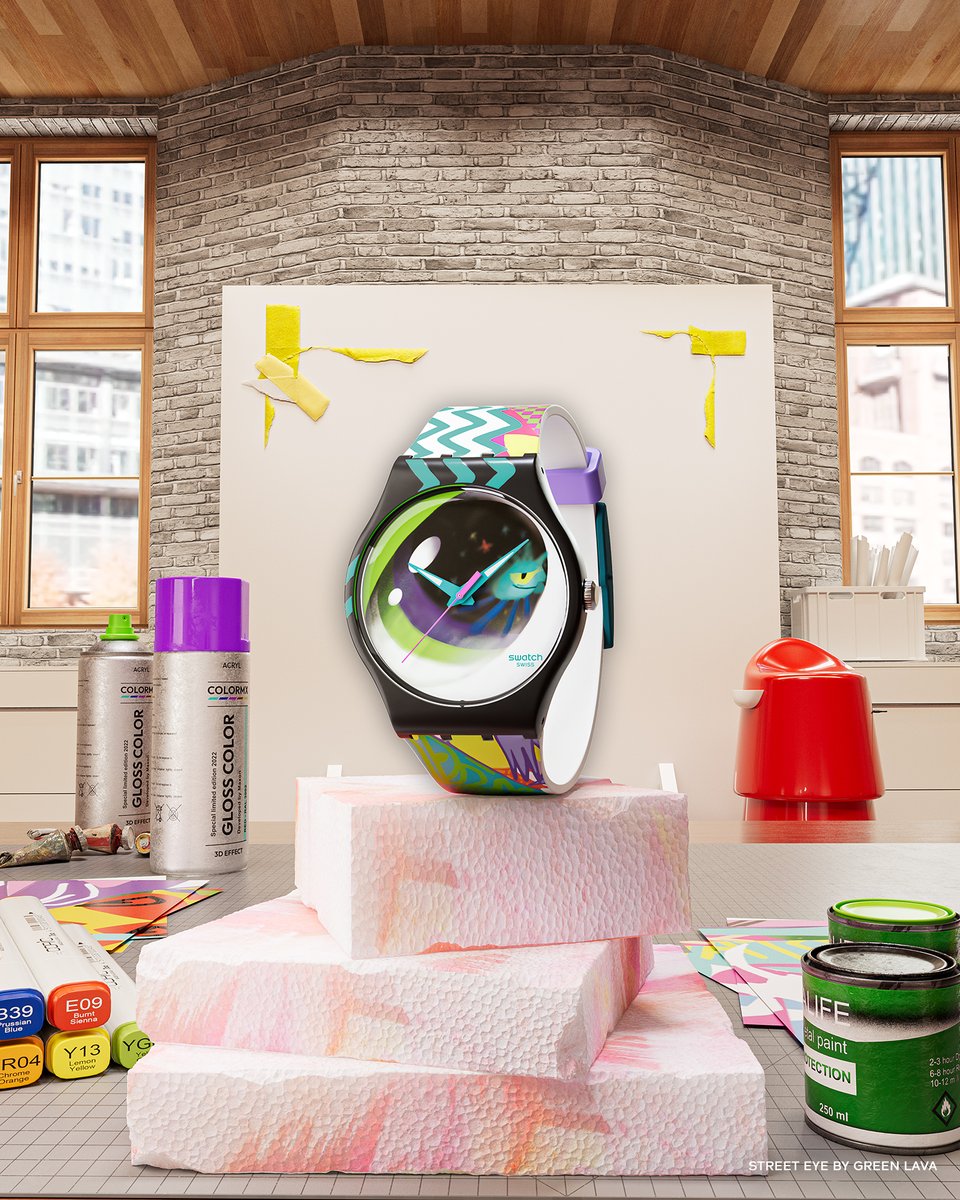 Swatch's tweet photo. Inspired by the energy of modern urban life, STREET EYE mixes plants, animals, people, and city symbols in Green Lava’s signature street art style.

#SwatchArtPeaceHotel #SwatchLovesArt https://t.co/NYA7p59qBu https://t.co/HL8BRSZIRn