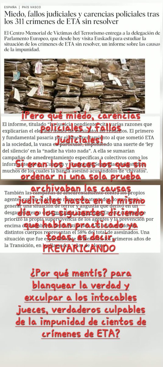 ConsuorF's tweet photo. 1. Javier, participó en nuestro proyecto de investigación de estudio de sumarios sin resolver, llevado a cabo por un abogado penalista. El informe que hizo después de analizarlo es demoledor. Un sumario que solo consta de 53 folios, en la que los jueces que intervinieron, el de Portugalete y posteriormente el juez nada ilustrísimo y muy PREVARICADOR además de corrupto, Varón Cobos, que no se nos olviden tampoco los fiscales, ninguno de ellos ordenaron la práctica de NINGUNA prueba. Pese a los testigos que había, que los terroristas eran un hombre y una mujer, pocos comandos tenían una mujer en esa zona en ese momento, a que se recogieron dos vainas procedentes del arma con la que le asesinaron que fueron remitidas al Gabinete de Balística de la Policía Científica de Bilbao. Pese a todo ello, el indeseable Varón Cobos y su fiscal no esperaron ni reclamaron dicho informe de balística, no ordenaron NINGUNA prueba, solo como hacían habitualmente se apresuraron a archivar el procedimiento.
La JUSTICIA de este país ha fracasado rotundamente con las VT especialmente con las de ETA. Casi la mitad con cero justicia, como Manuel y casi siempre por culpa de jueces y fiscales con nombres y apellidos.
@PoderJudicialEs
#NoCreoEnLaJusticiademuchosJueces