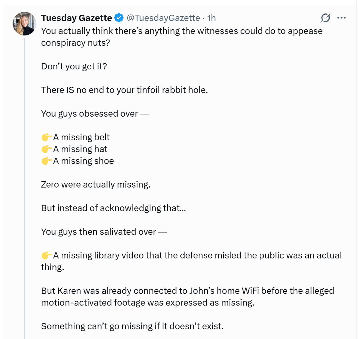 SlamminBjB's tweet photo. Dear X,
Wanna know what unhinged looks like? Here is "Weekday Pamphlet" writing a booklet about "crazy conspiracy theories."
Legend has it, Weekday worked on this "post" since the close of the Second Trial. She's had this one loaded since the BerlinRosen team took over.
Gotta give her credit, she got all the main propoganda talking points in.
Tuesday is worse than a rainy Monday,
Ben