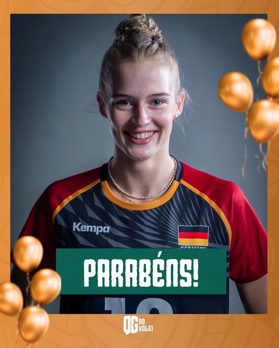 German volleyball player Hanna Orthmann, wearing her national team Kempa jersey with the number 18 and German flag, smiles in a birthday tribute graphic featuring gold balloons and the Portuguese text "PARABÉNS!" (Congratulations). The image celebrates her 28th birthday, highlighting her career with clubs across Germany, Italy, Turkey, and Japan's Osaka Marvelous.